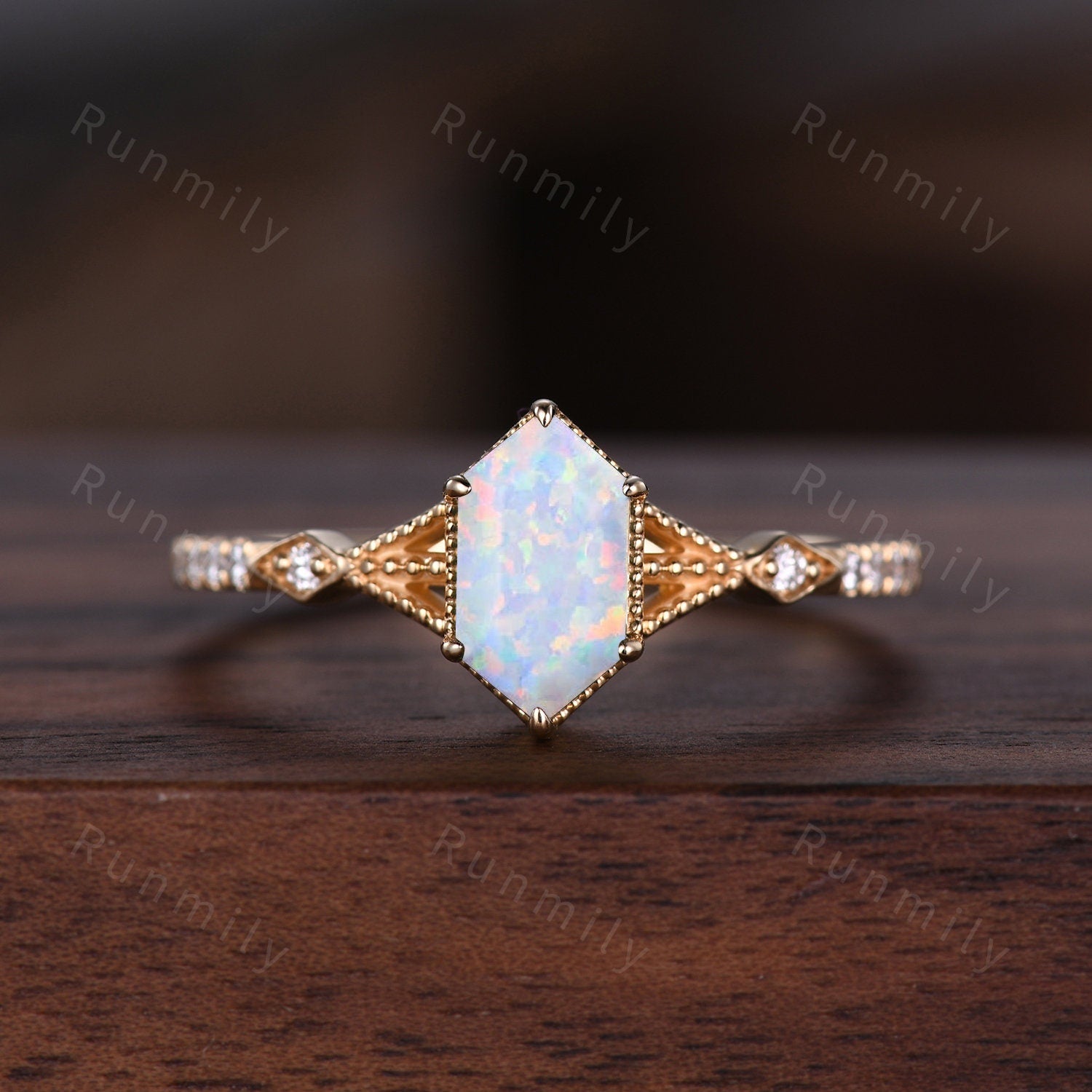 His and Hers White Fire Opal Ring Set, Yellow Gold Opal Rings, Opal Matching Promise Ring, Mens Hammered Ring Couples Ring For Men and Women
