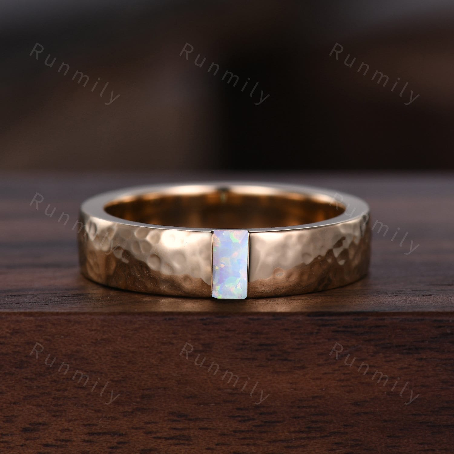 His and Hers White Fire Opal Ring Set, Yellow Gold Opal Rings, Opal Matching Promise Ring, Mens Hammered Ring Couples Ring For Men and Women