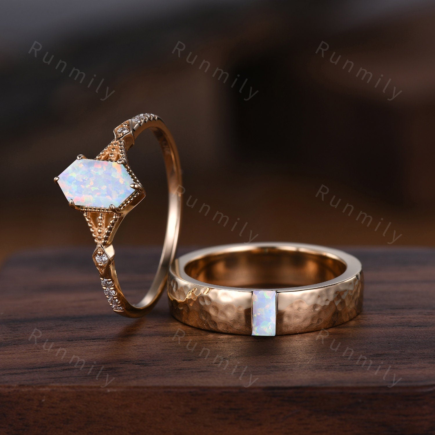 His and Hers White Fire Opal Ring Set, Yellow Gold Opal Rings, Opal Matching Promise Ring, Mens Hammered Ring Couples Ring For Men and Women