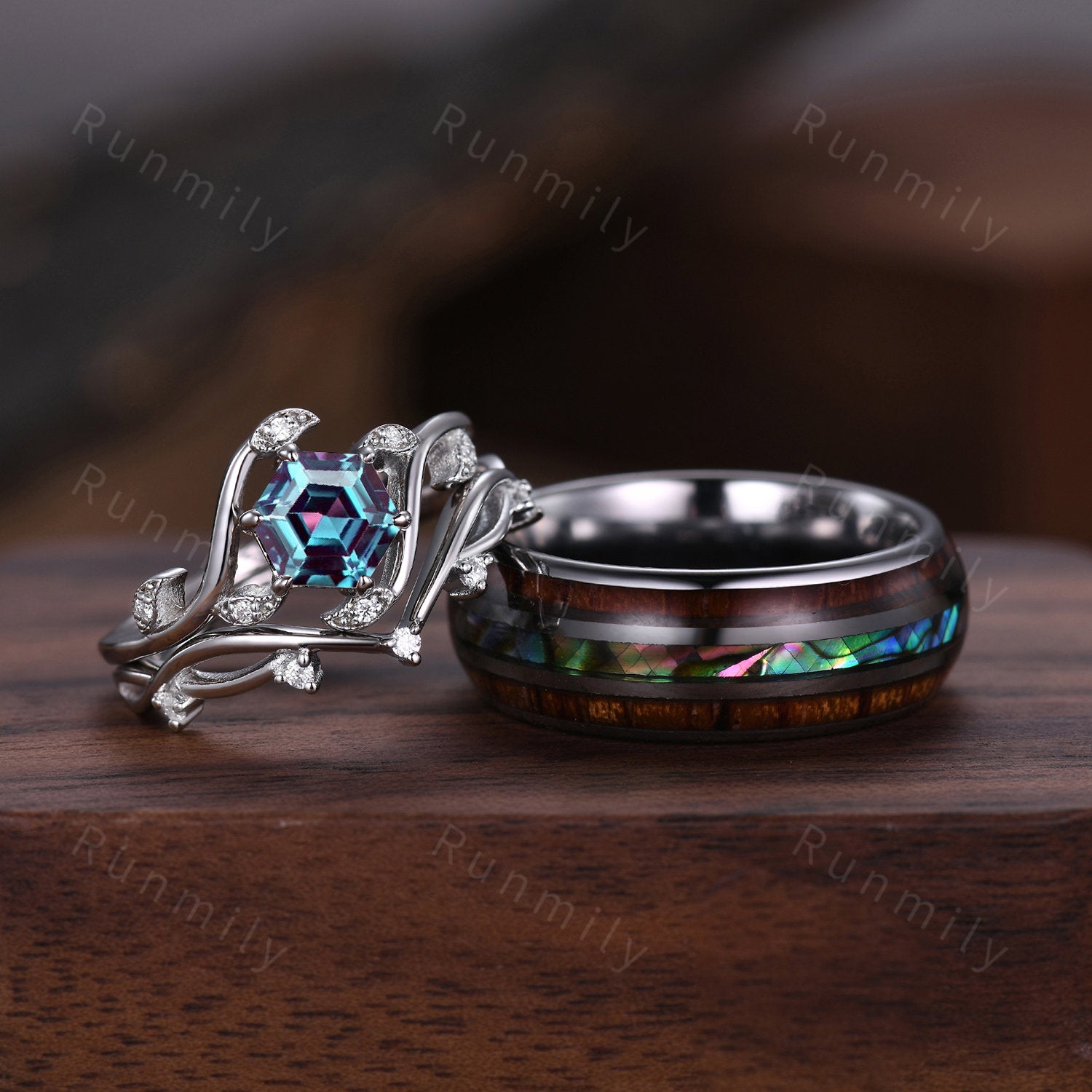 Hexagon cut Alexandrite Ring Set For Couples, His and Hers Wedding Band, Silver & Tungsten Wedding Band, Matching Nature Inspired Ring Set