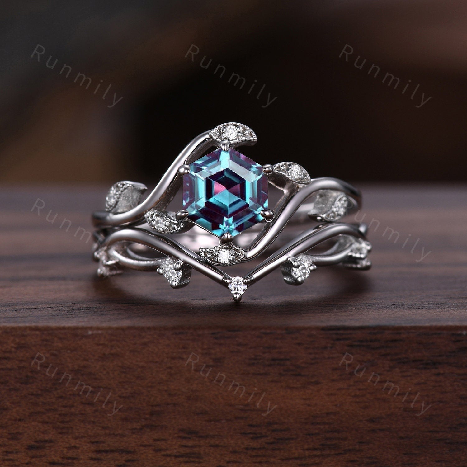 Hexagon cut Alexandrite Ring Set For Couples, His and Hers Wedding Band, Silver & Tungsten Wedding Band, Matching Nature Inspired Ring Set