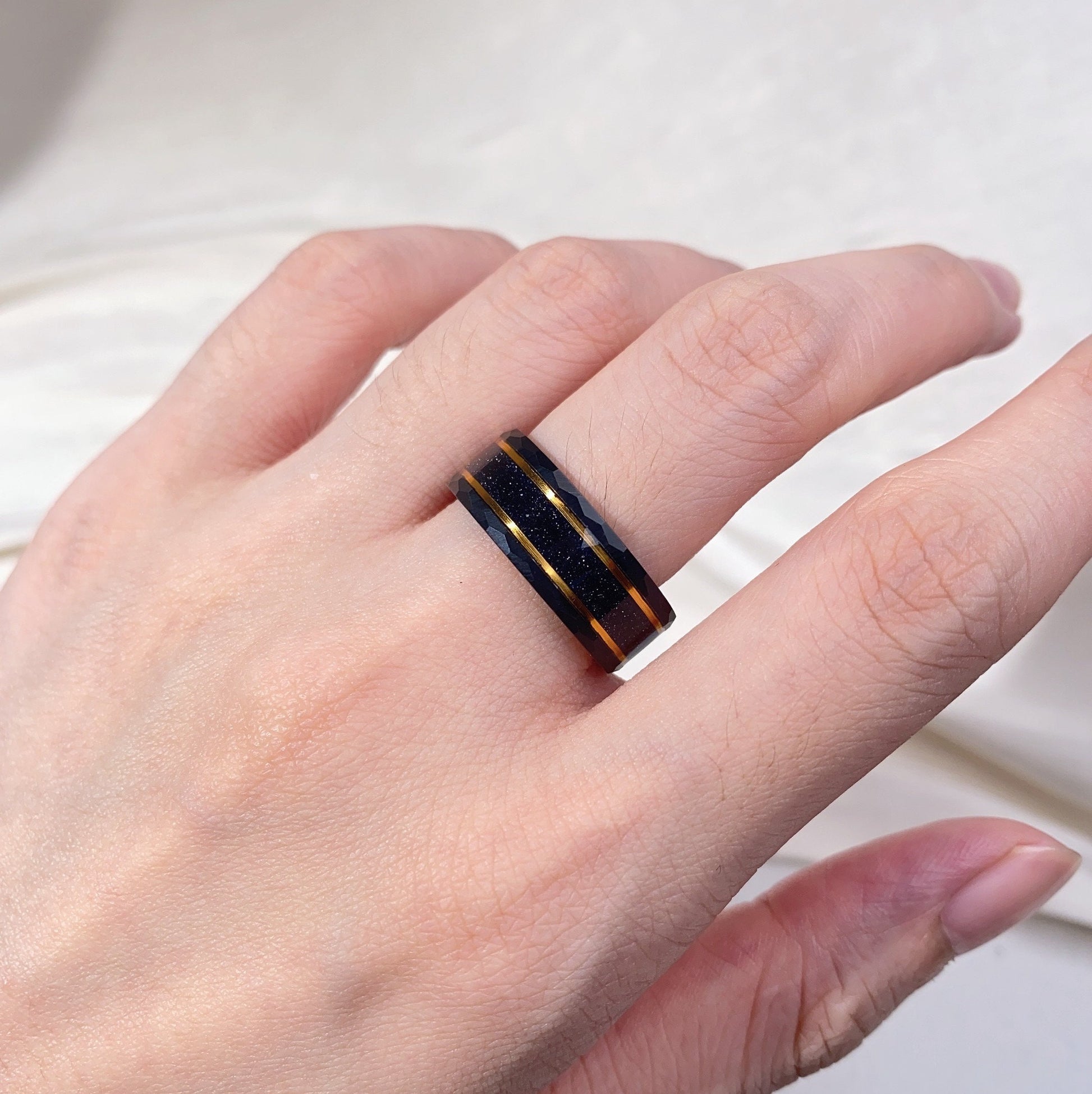 8mm Black Sandstone Hammered Wedding Ring, Mens Black and Gold Tungsten Ring, Black Obsidian Sandblasted Mens Wedding Band, Gift For Him
