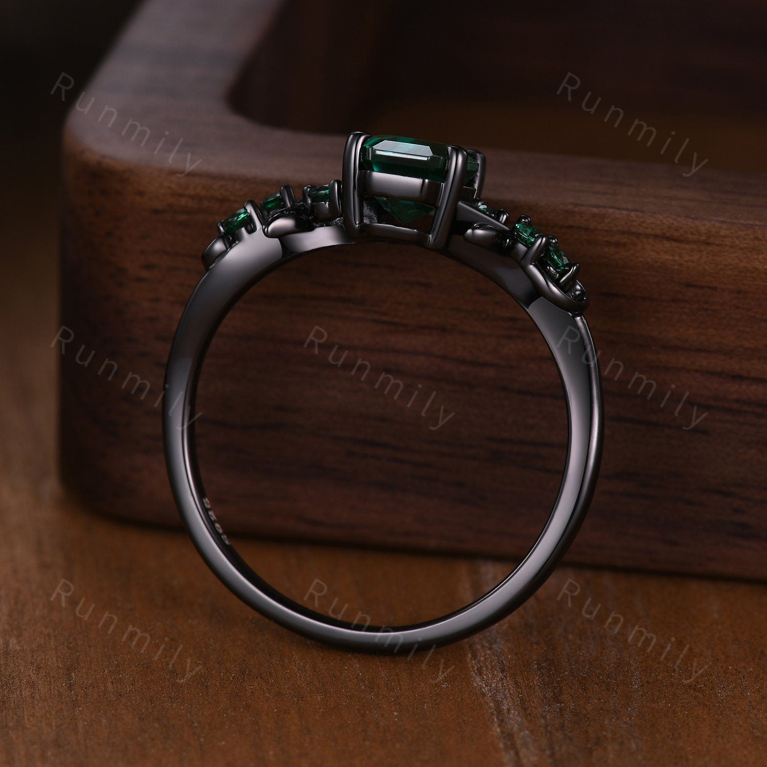 Coffin cut green emerald engagement ring Gothic Black gold ring Art deco leaf design emerald wedding ring nature inspired ring promise ring