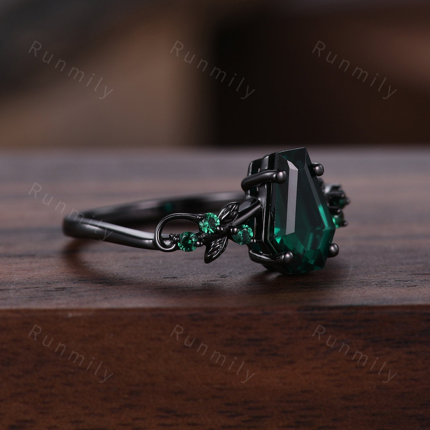 Coffin cut green emerald engagement ring Gothic Black gold ring Art deco leaf design emerald wedding ring nature inspired ring promise ring