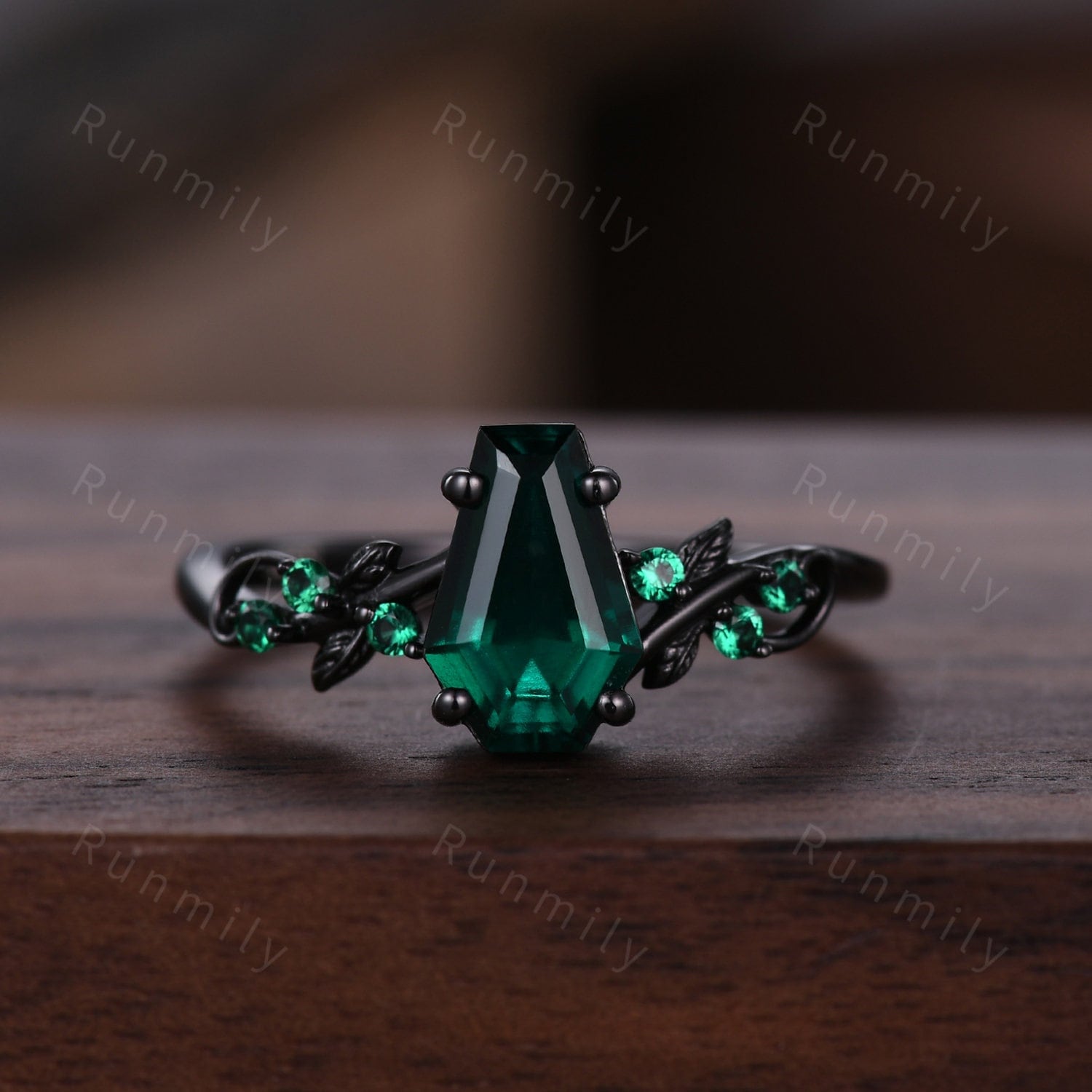 Coffin cut green emerald engagement ring Gothic Black gold ring Art deco leaf design emerald wedding ring nature inspired ring promise ring