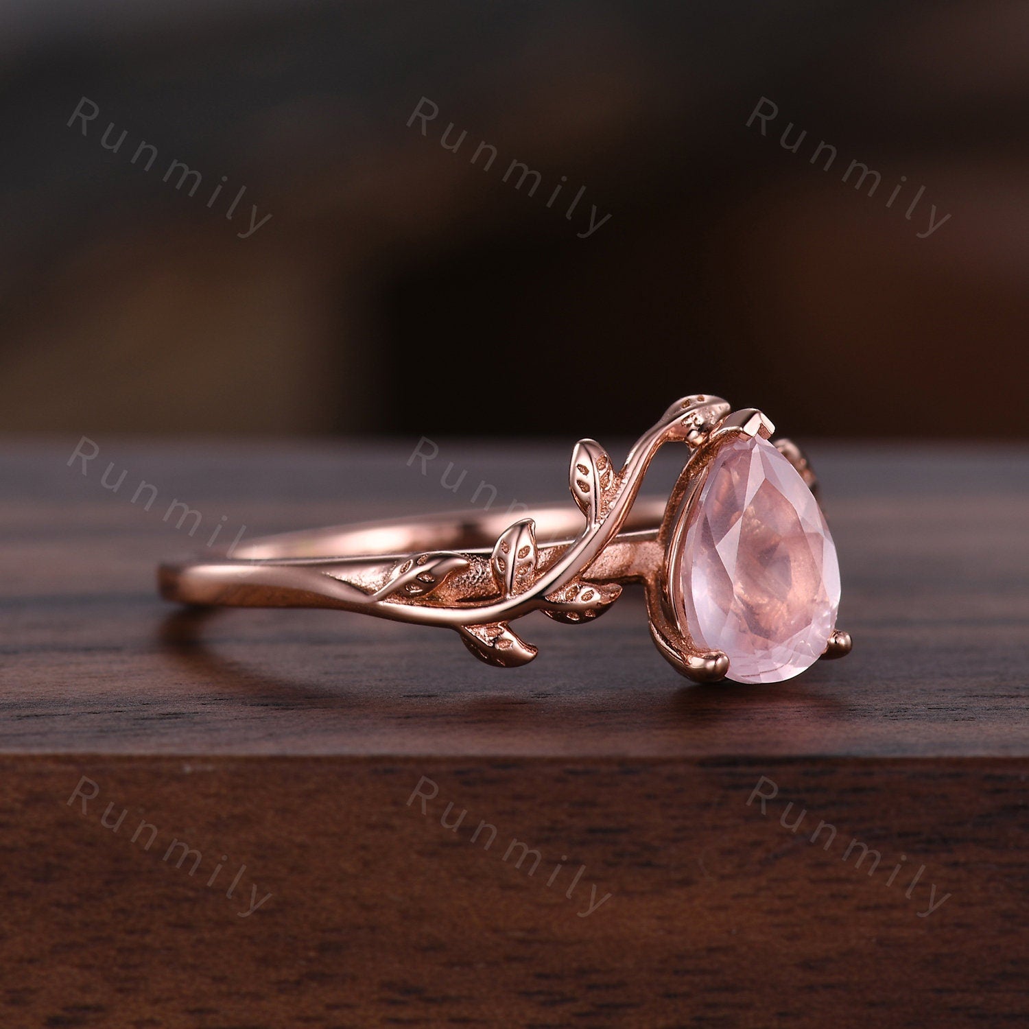Pear cut rose quartz ring vintage twig leaf design ring women unique nature inspired engagement ring rose gold wedding ring pink stone ring