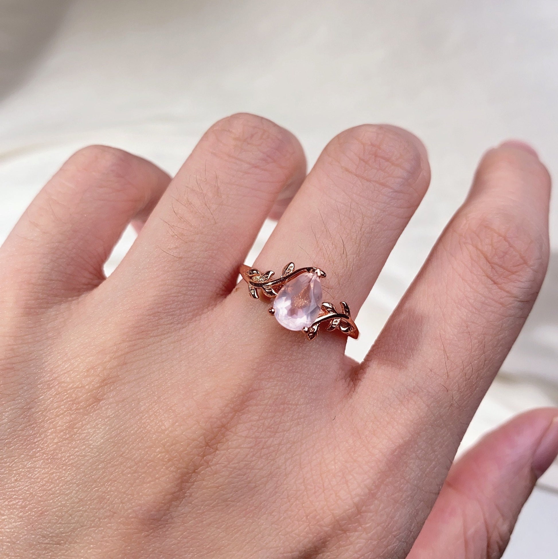 Pear cut rose quartz ring vintage twig leaf design ring women unique nature inspired engagement ring rose gold wedding ring pink stone ring