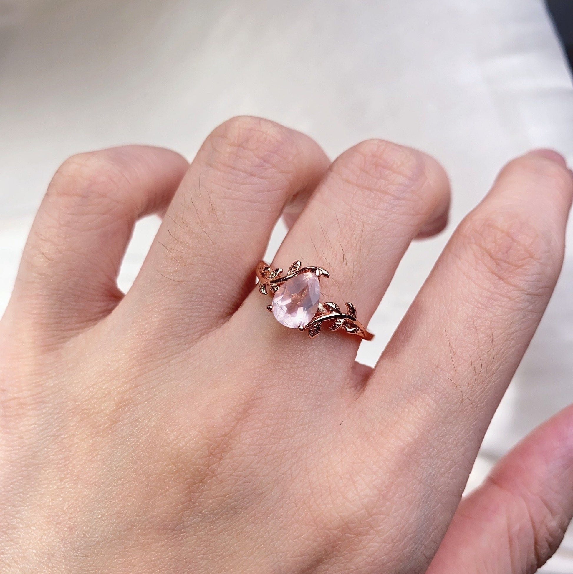 Pear cut rose quartz ring vintage twig leaf design ring women unique nature inspired engagement ring rose gold wedding ring pink stone ring