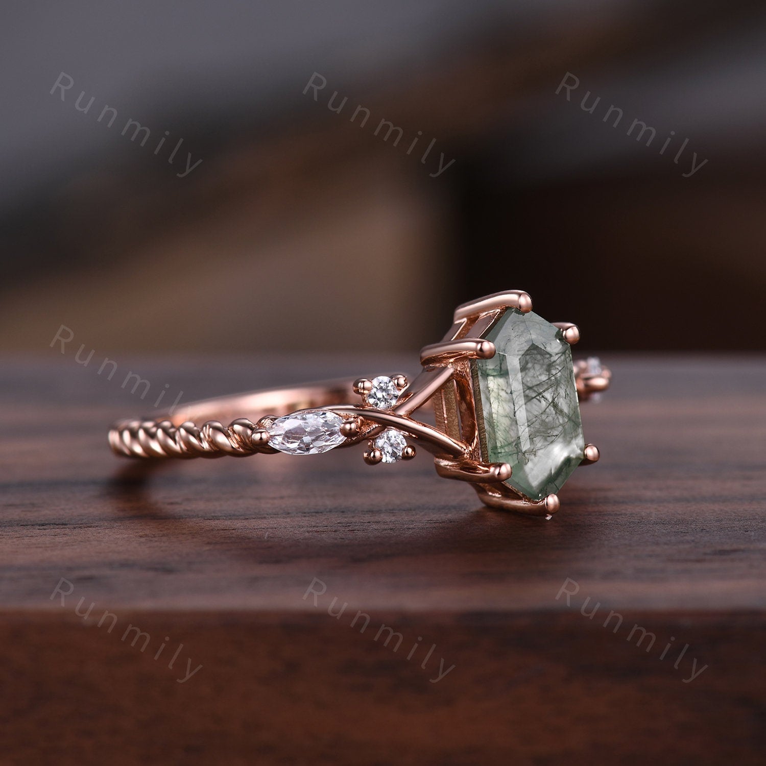Retro long hexagon moss agate ring vintage rose gold agate engagement ring unique twig twisted moissanite wedding ring bridal promise ring