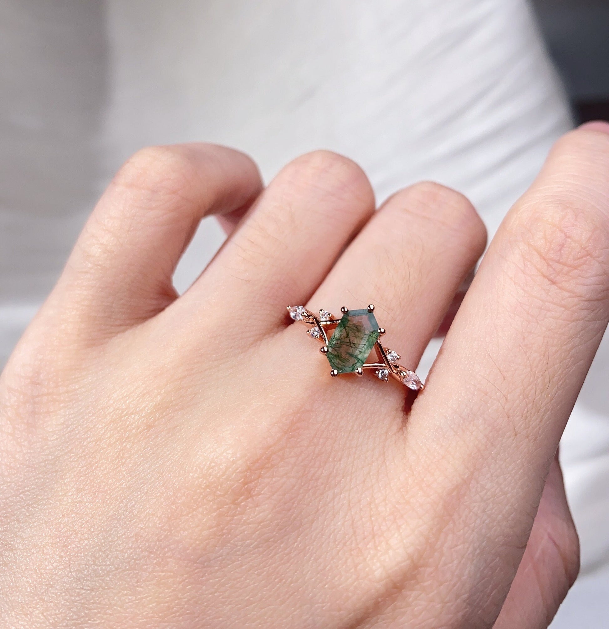 Retro long hexagon moss agate ring vintage rose gold agate engagement ring unique twig twisted moissanite wedding ring bridal promise ring