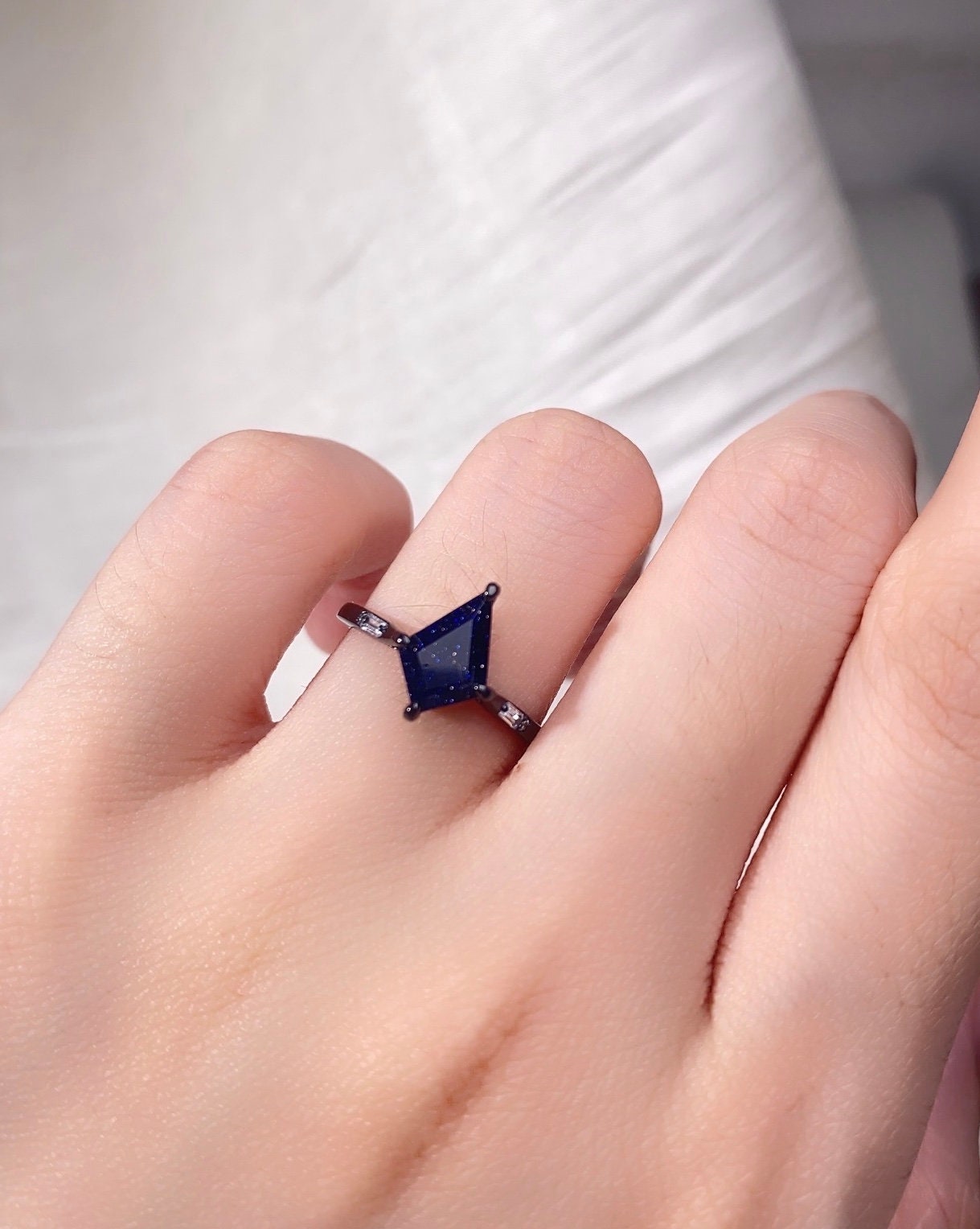 Kite cut blue sandstone engagement ring black gold diamond wedding ring unique art deco galaxy sandstone ring promise anniversary gift