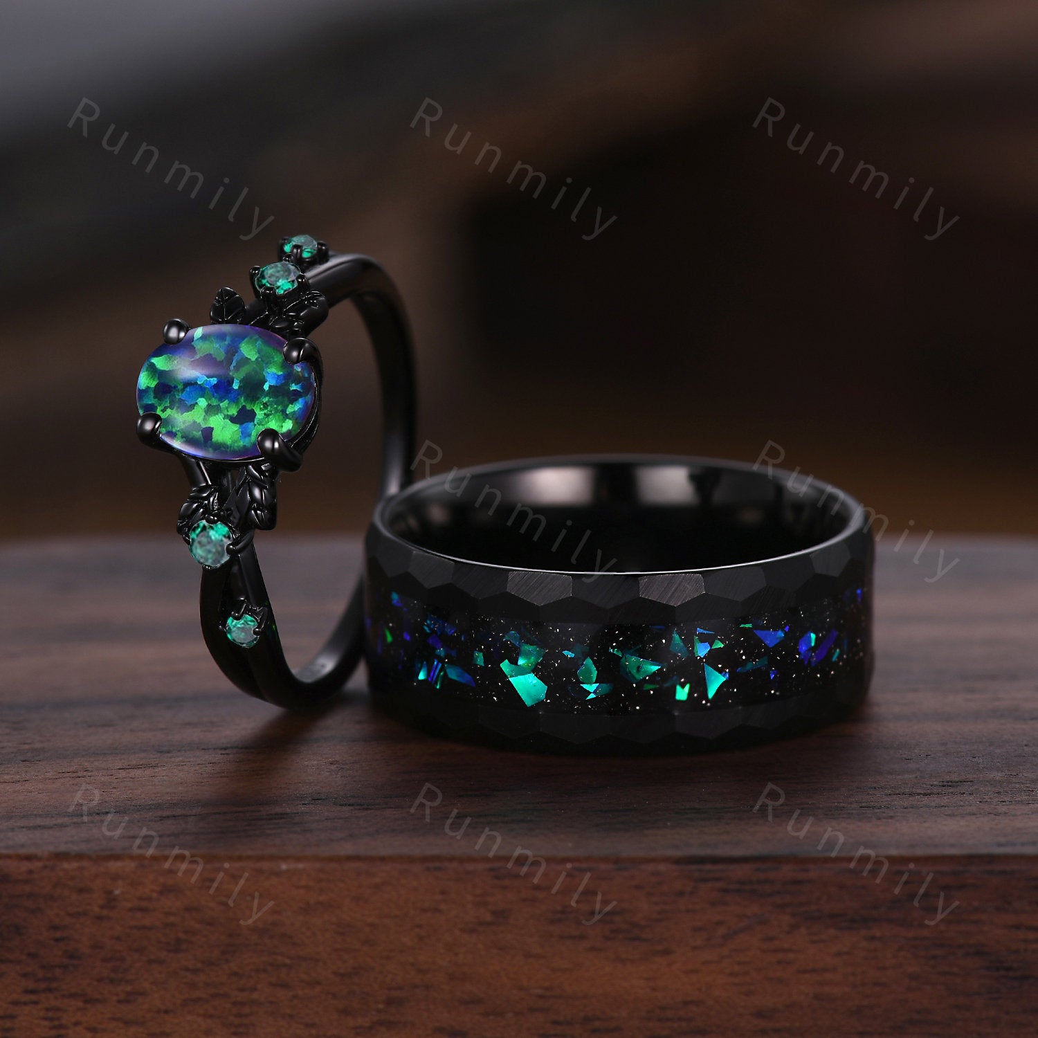 Hammered Blue Opal Wedding Ring Set For Couples His and Her Wedding Band Black Tungsten Mens Ring Women Opal Engagement Ring Promise Ring