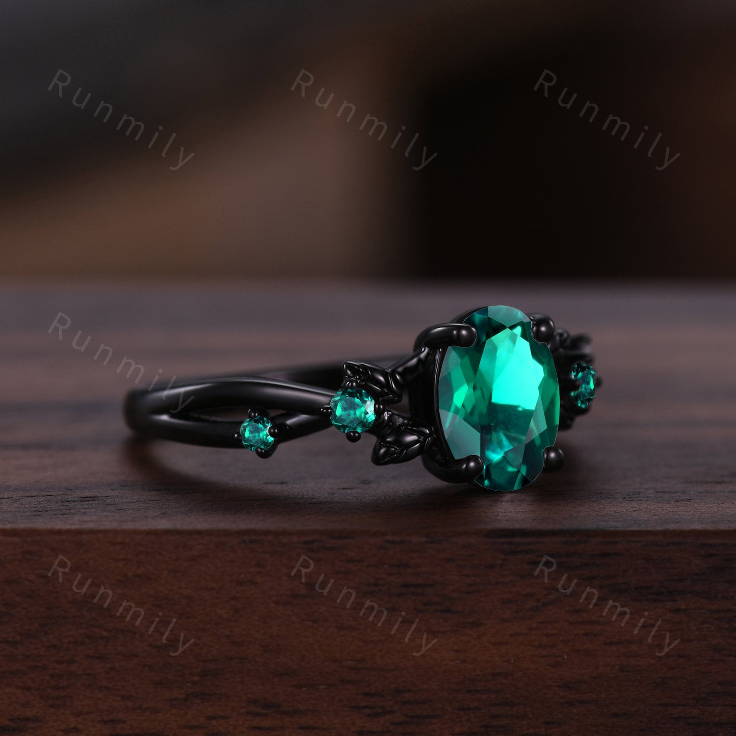 Vintage oval cut green emerald engagement ring black gold twig leaf emerald wedding ring nature inspired ring art deco bridal promise ring