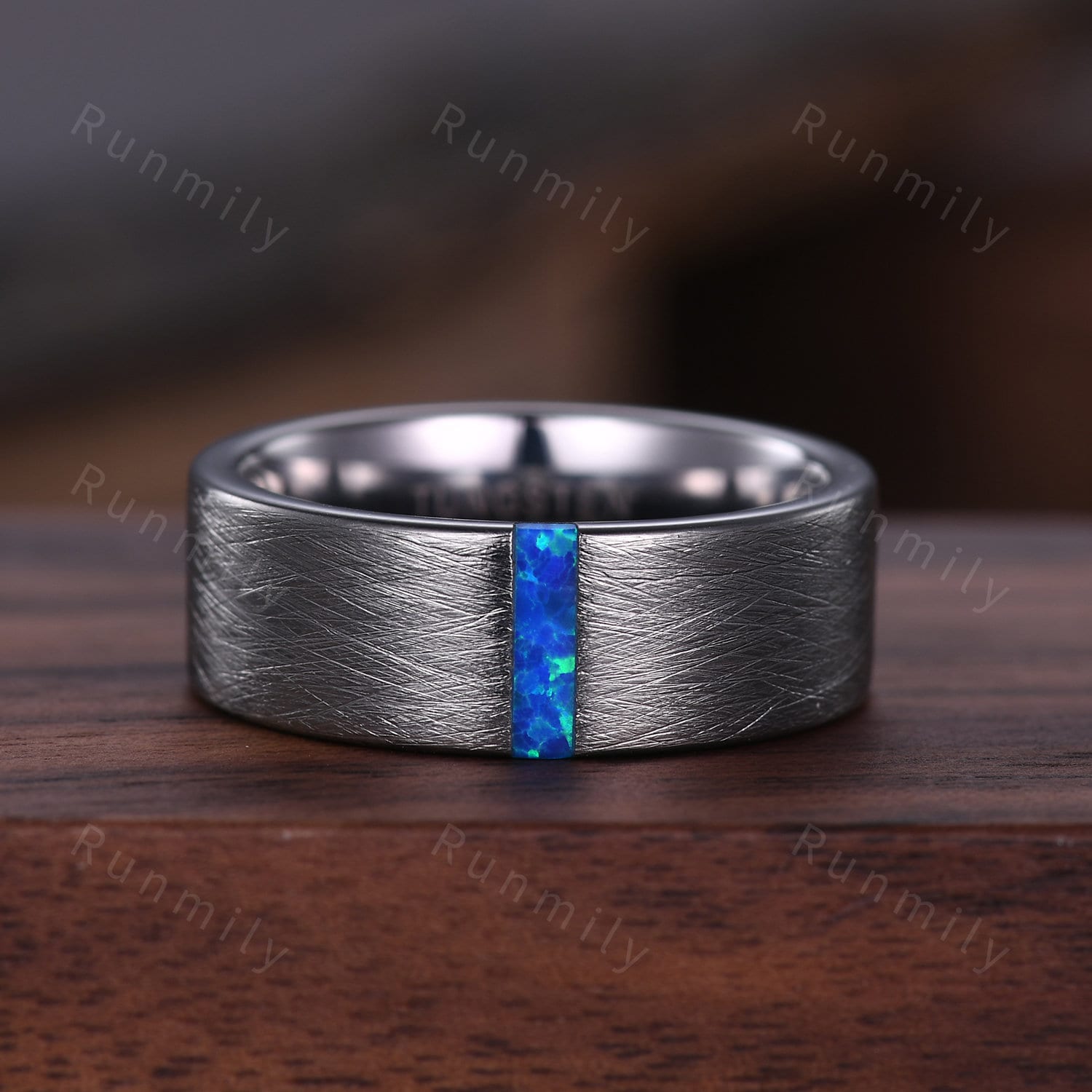 8mm Mens Blue Opal Wedding Band Baguette Shaped Band Silver Tungsten Ring Mens Brushed Finish Stacking Matching Band Retro Vintage Ring Gift