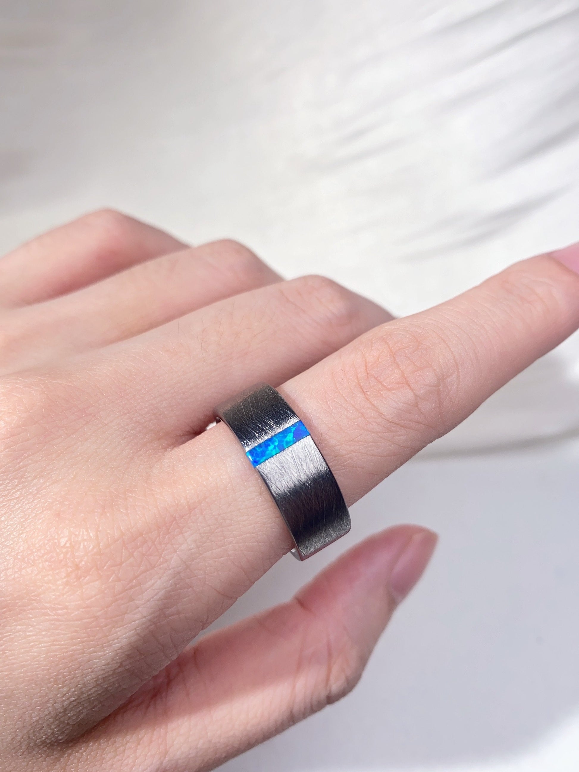 8mm Mens Blue Opal Wedding Band Baguette Shaped Band Silver Tungsten Ring Mens Brushed Finish Stacking Matching Band Retro Vintage Ring Gift