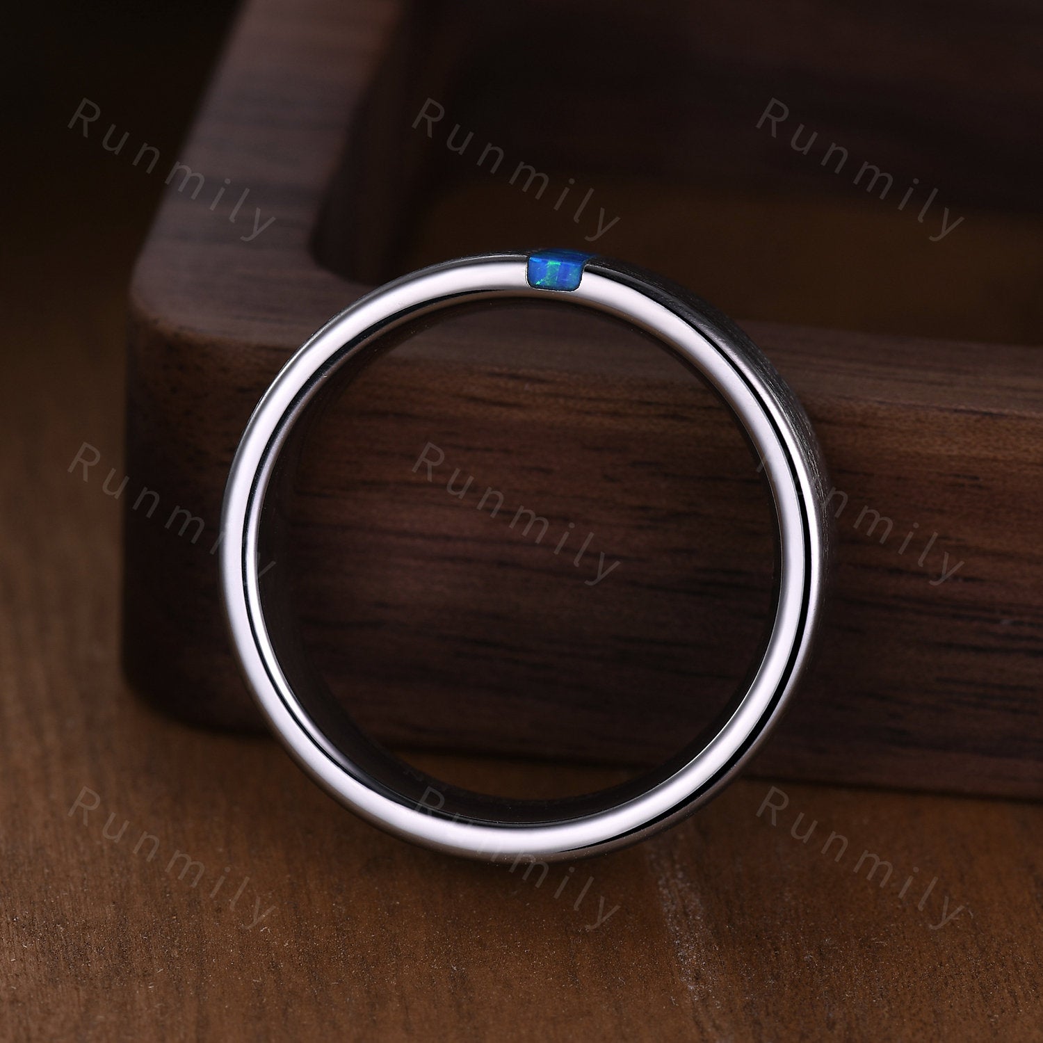 8mm Mens Blue Opal Wedding Band Baguette Shaped Band Silver Tungsten Ring Mens Brushed Finish Stacking Matching Band Retro Vintage Ring Gift