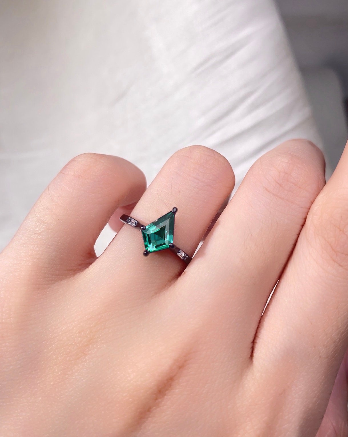 Vintage kite cut emerald engagement ring Goth black gold baguette cut moissanite ring for women May birthstone unique bridal wedding ring
