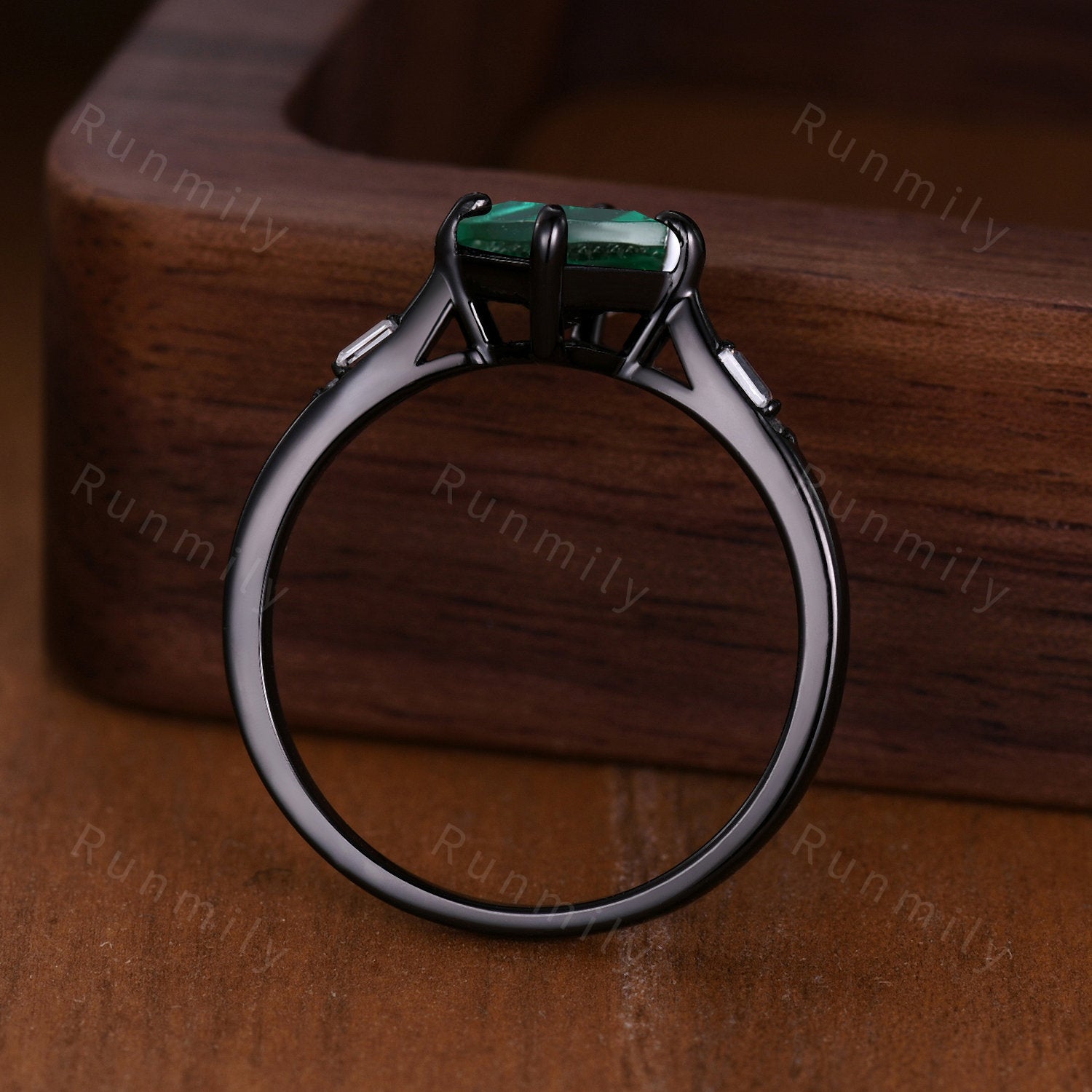 Vintage kite cut emerald engagement ring Goth black gold baguette cut moissanite ring for women May birthstone unique bridal wedding ring