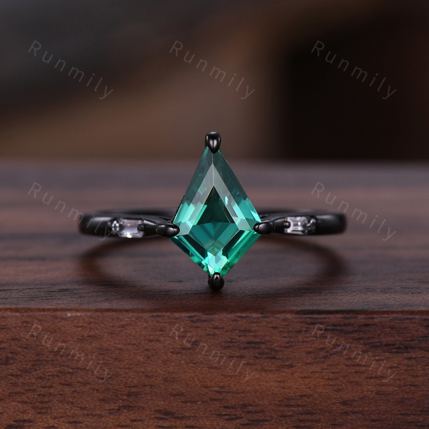 Vintage kite cut emerald engagement ring Goth black gold baguette cut moissanite ring for women May birthstone unique bridal wedding ring
