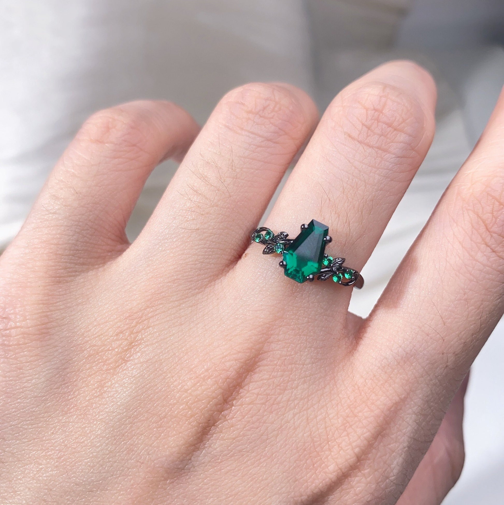 Coffin cut green emerald engagement ring Gothic Black gold ring Art deco leaf design emerald wedding ring nature inspired ring promise ring