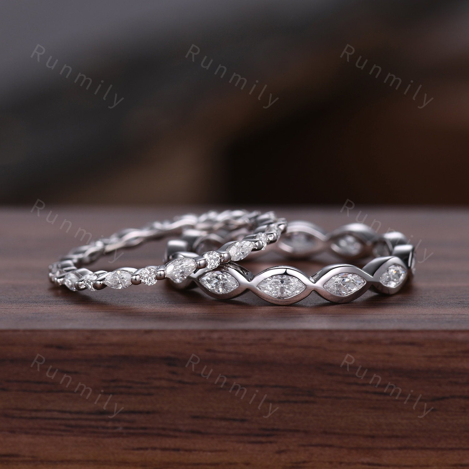 2PCS Moissanite Wedding Band Set White Gold Full Eternity Wedding Rings Unique Marquise cut Moissanite Stacking Matching Band Women's Band
