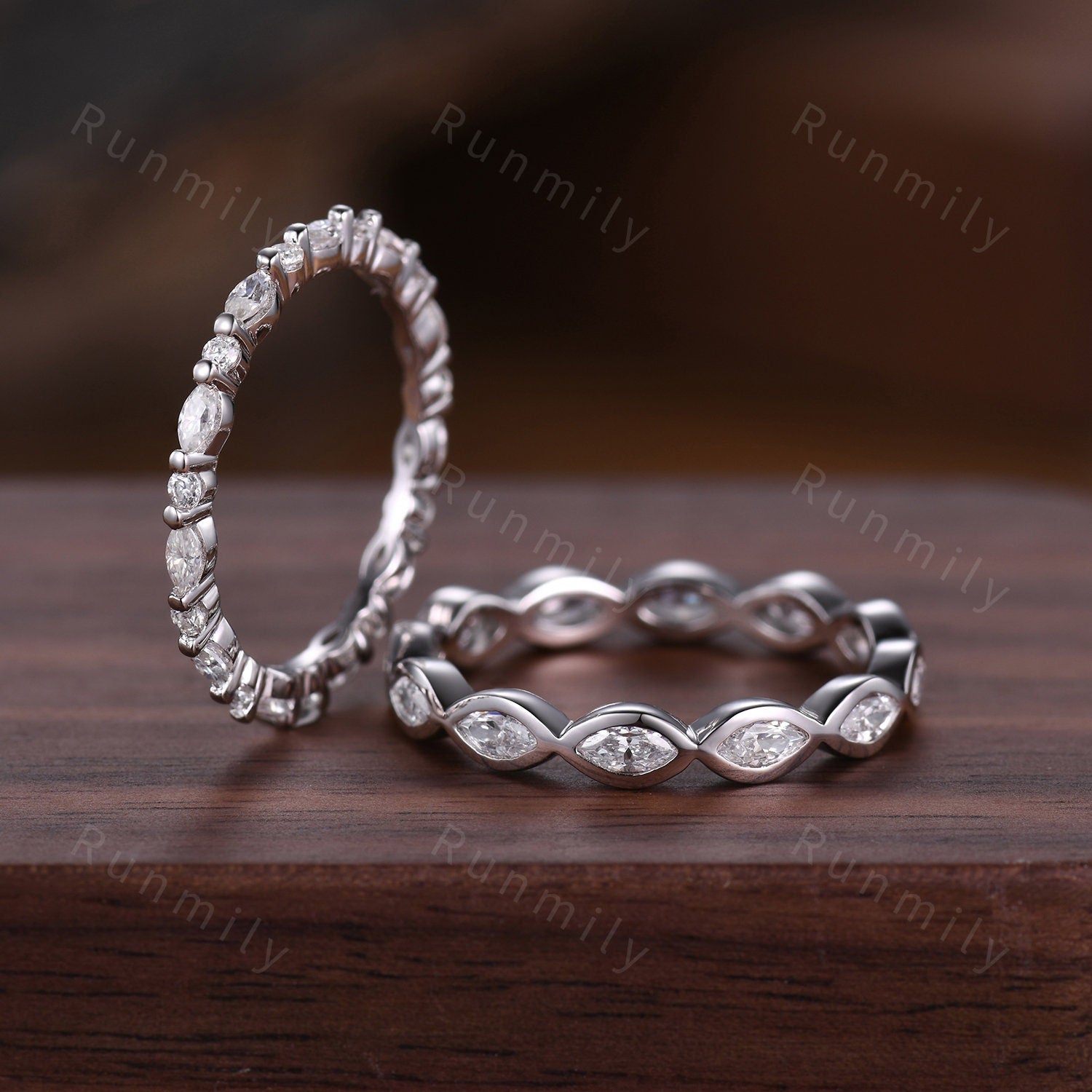 2PCS Moissanite Wedding Band Set White Gold Full Eternity Wedding Rings Unique Marquise cut Moissanite Stacking Matching Band Women's Band