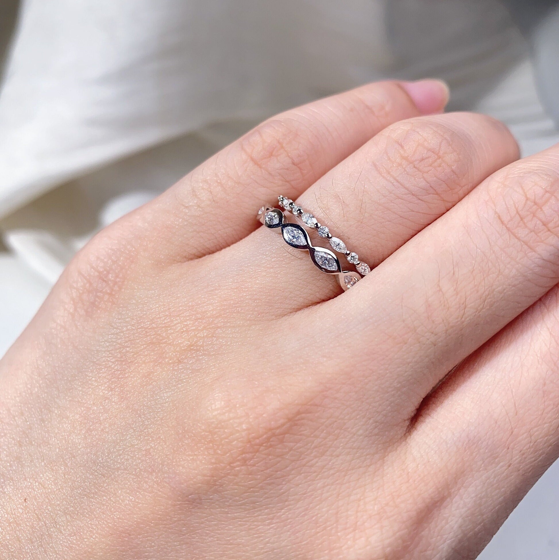 2PCS Moissanite Wedding Band Set White Gold Full Eternity Wedding Rings Unique Marquise cut Moissanite Stacking Matching Band Women's Band