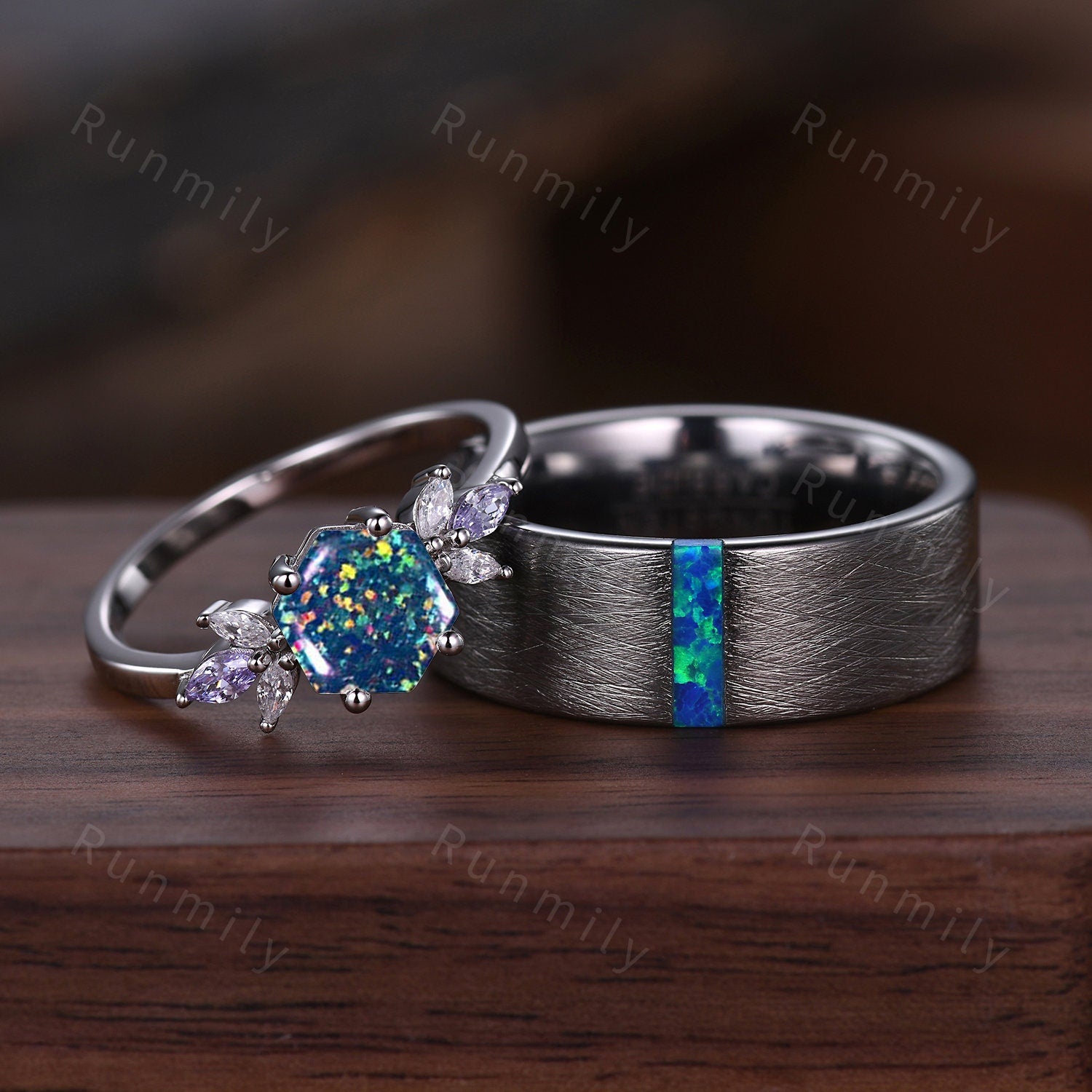 Blue Fire Opal Ring Set for Couples Matching Promise Ring Set His and Hers Wedding Ring Silver Tungsten Ring Galaxy Opal Anniversary rings
