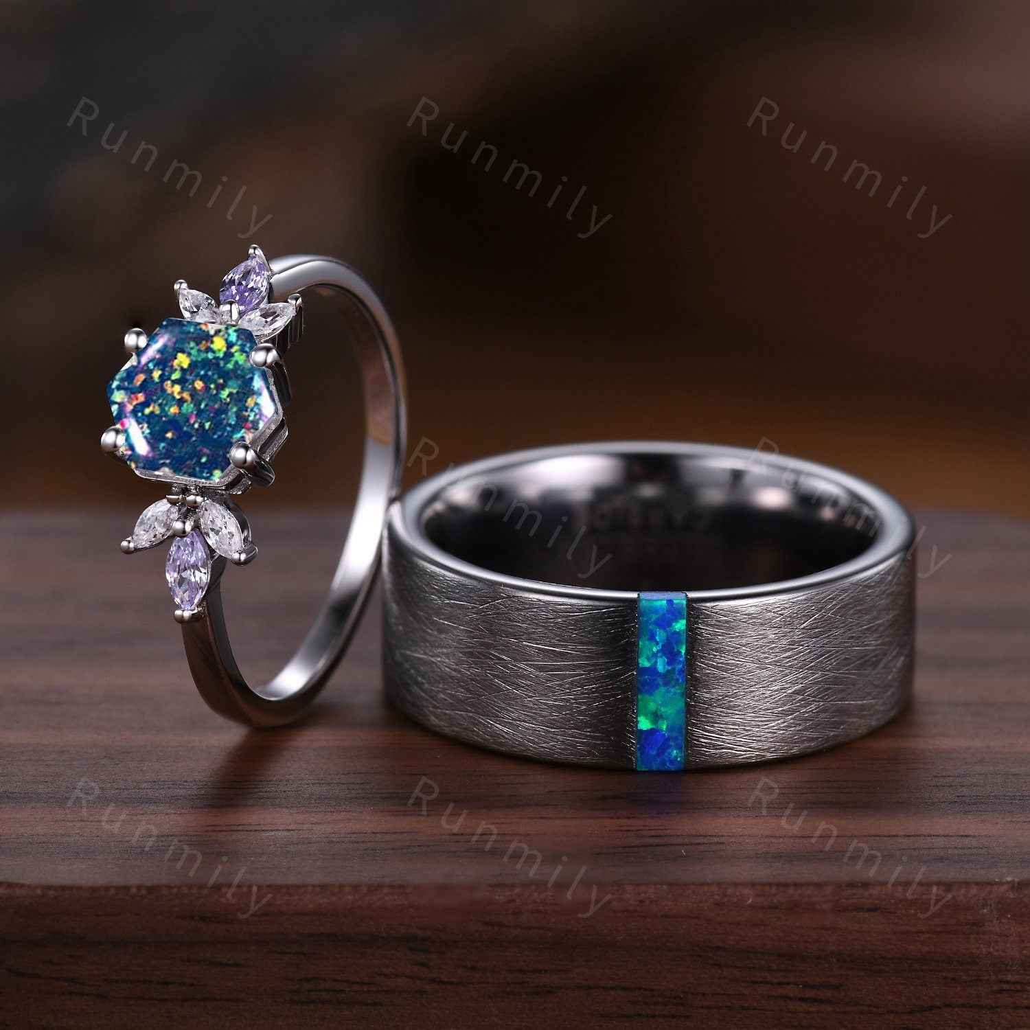 Blue Fire Opal Ring Set for Couples Matching Promise Ring Set His and Hers Wedding Ring Silver Tungsten Ring Galaxy Opal Anniversary rings