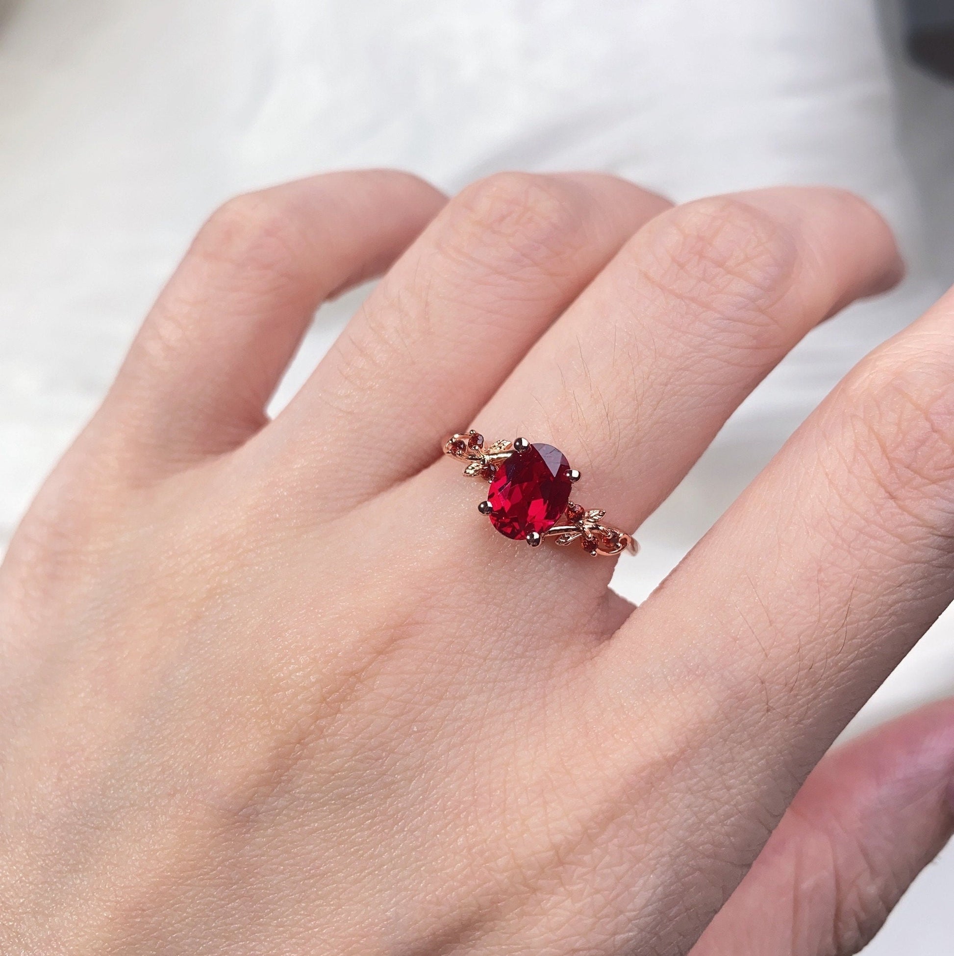 Nature Inspired Ruby Couples Ring Set Rose Gold Matching Promise Ring His and Hers Wedding Band Unique Anniversary Rings For Men For Women