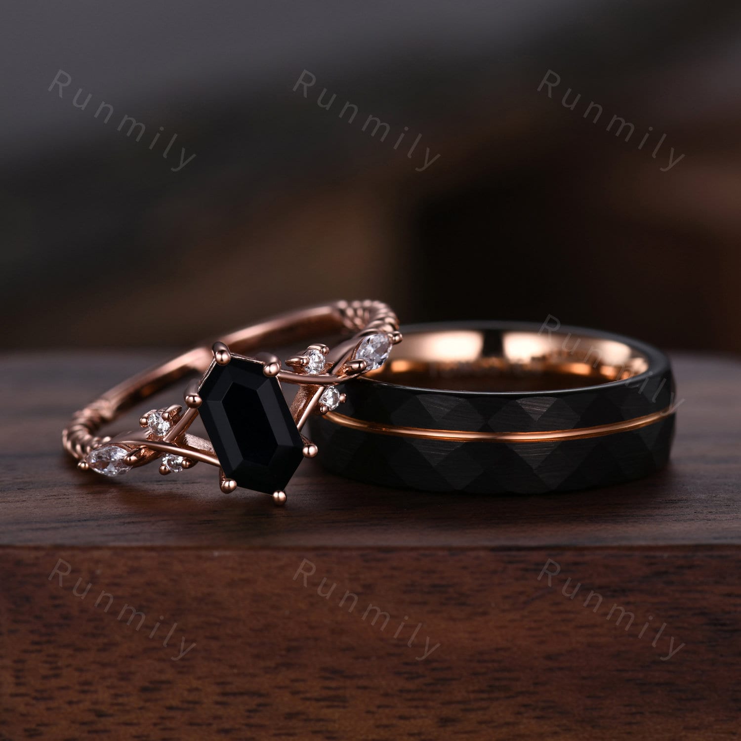 Vintage Black Onyx Couples Ring Rose Gold Matching Ring Set His and Hers Wedding Band Promise Ring For Men For Women Natural Black Gemstone
