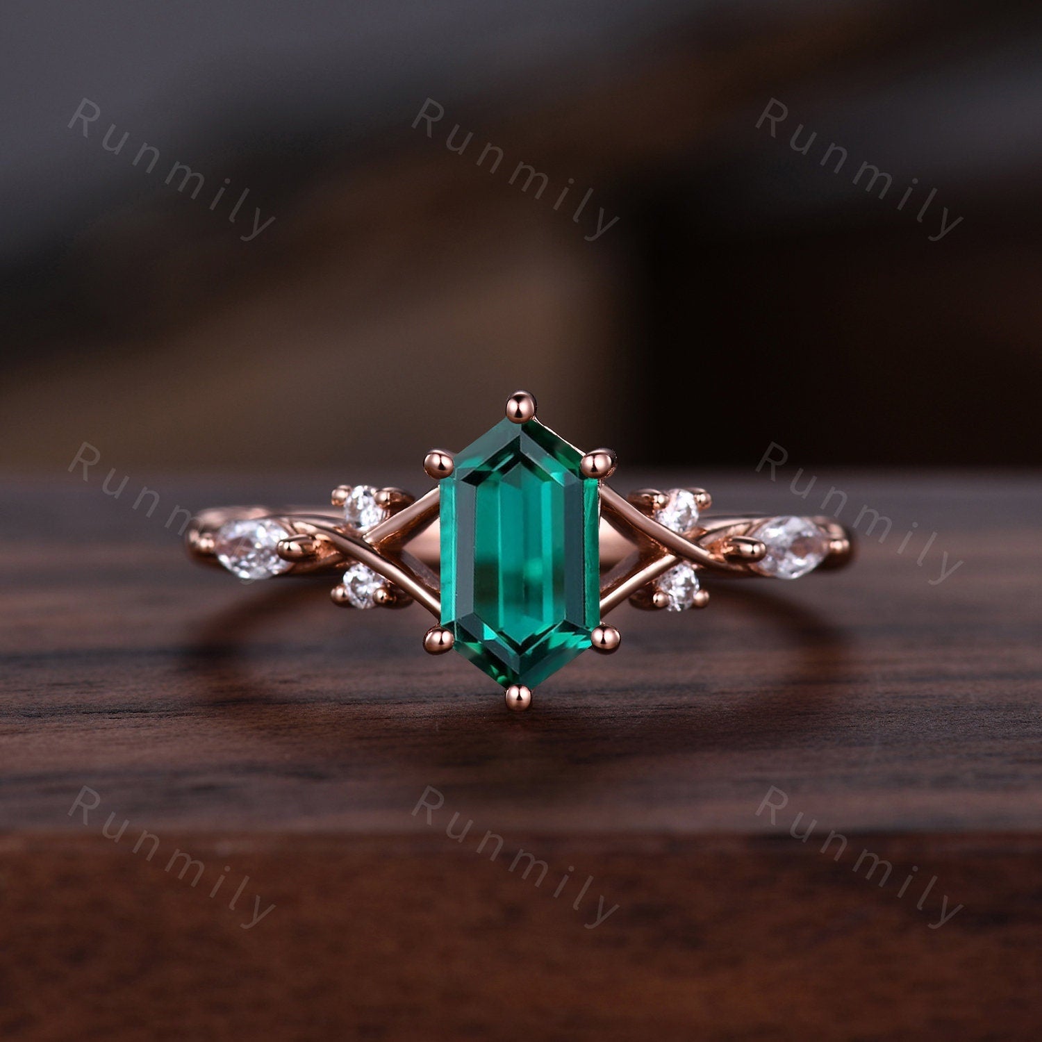 Vintage Green Emerald Couples Ring Rose Gold Matching Ring Set His and Hers Wedding Band Promise Ring For Men For Women May Birthstone Gift