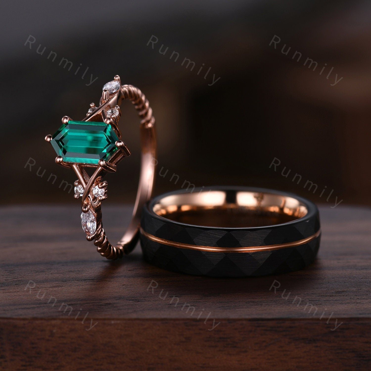Vintage Green Emerald Couples Ring Rose Gold Matching Ring Set His and Hers Wedding Band Promise Ring For Men For Women May Birthstone Gift
