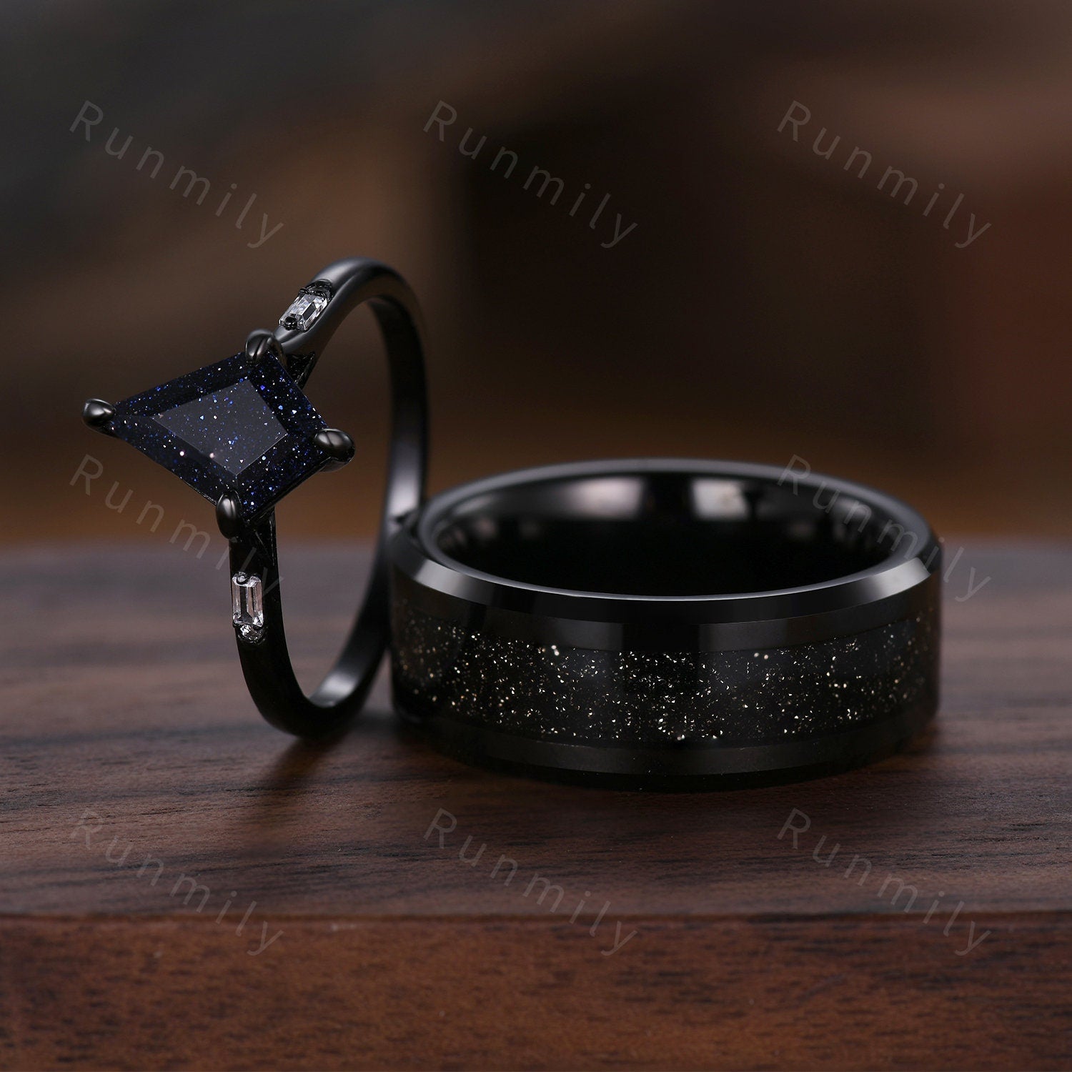 Kite Cut Blue Sandstone Nebula Ring Set, His and Hers Wedding Band, Black Gold Matching Ring, Outer Space Couples Ring, Promise Ring Set