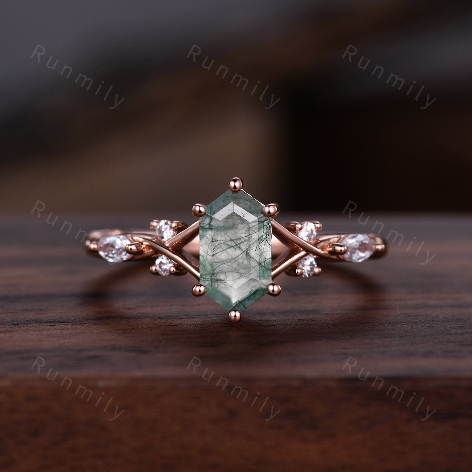 Vintage Green Moss Agate Couples Ring Rose Gold Matching Ring Set His and Hers Wedding Band Promise Ring For Men For Women Natural Agate Gem