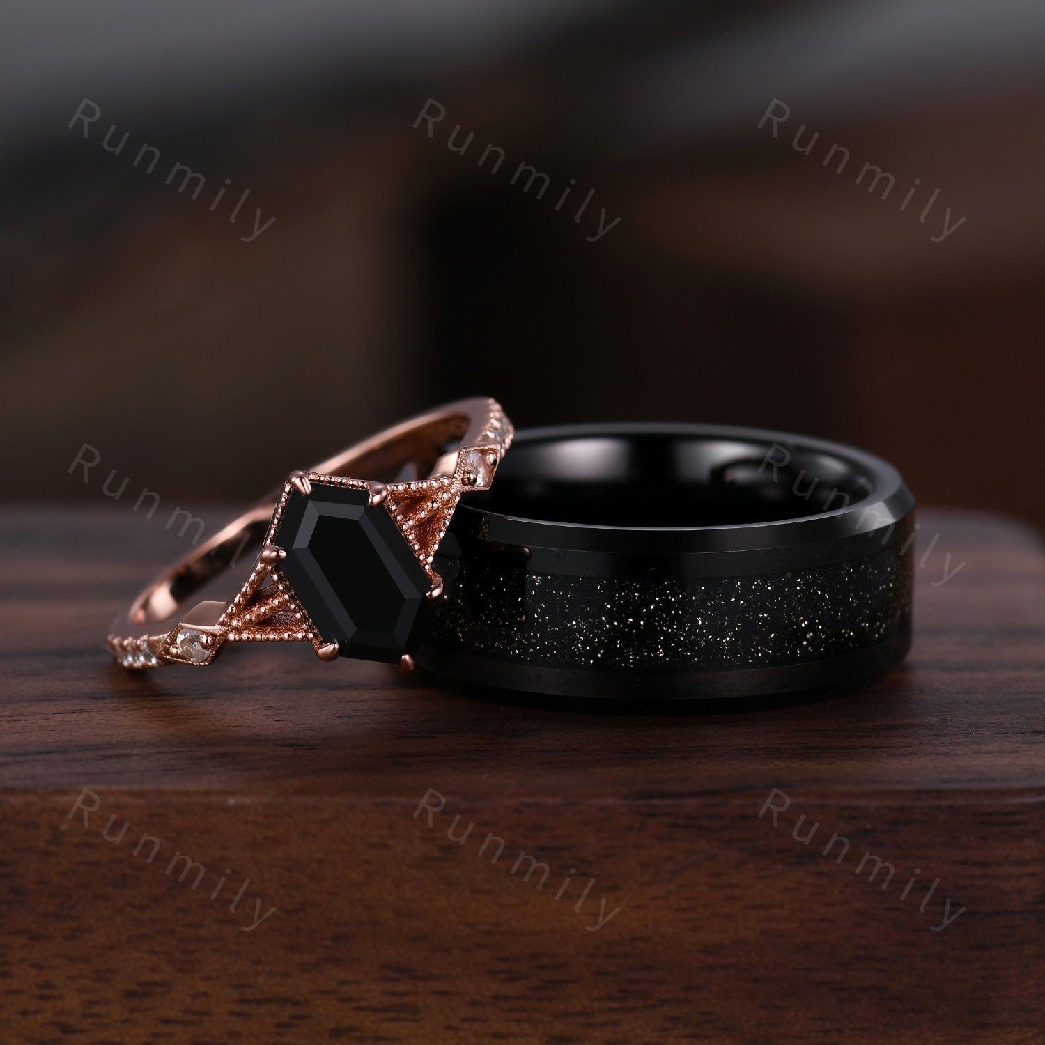 Black Onyx Ring Set, His and Hers Wedding Band, Black Sandstone Mens Ring, Rose Gold and Tungsten Ring, Black Gemstone Couples Ring
