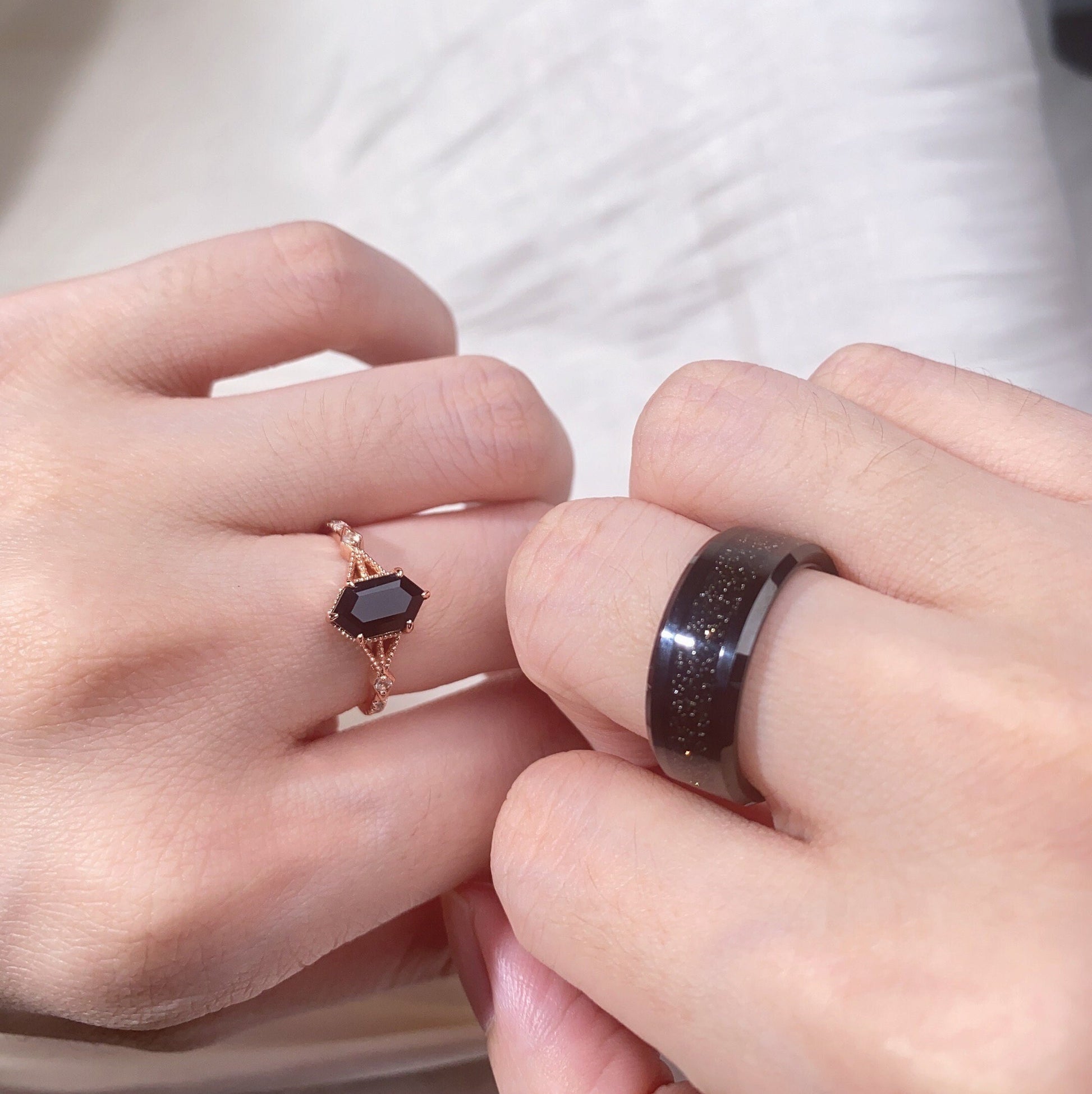 Black Onyx Ring Set, His and Hers Wedding Band, Black Sandstone Mens Ring, Rose Gold and Tungsten Ring, Black Gemstone Couples Ring
