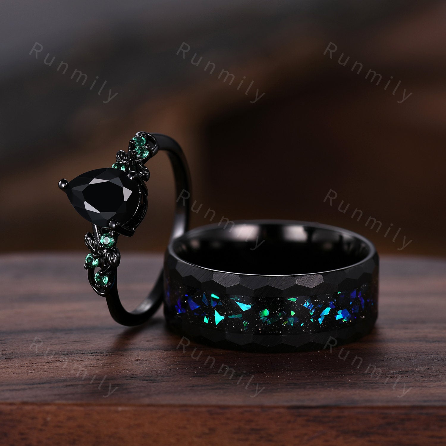 Vintage Black Onyx Couples Ring Black Gold Matching Ring Set His And Hers Wedding Band Mens Hammered Opal Ring Promise Ring Natural Gemstone