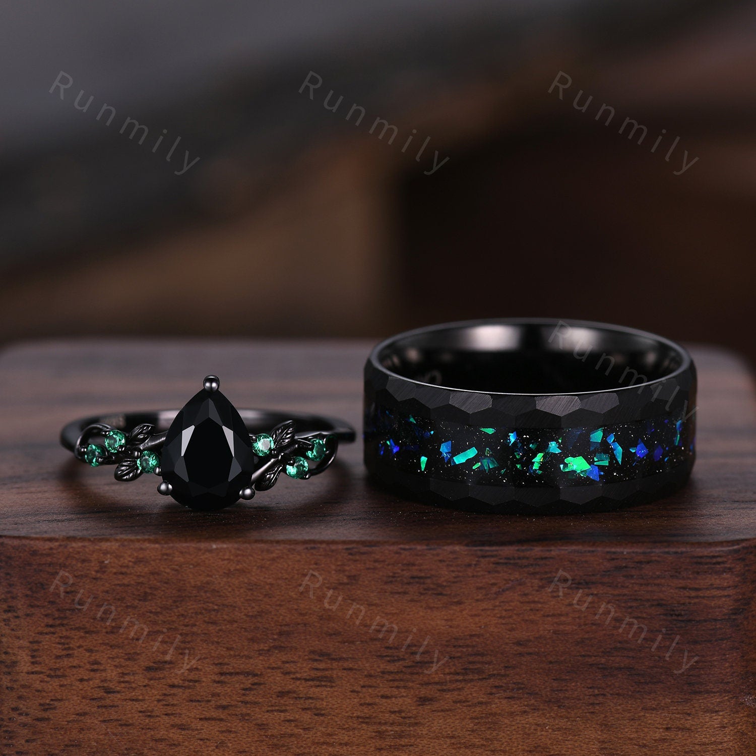 Vintage Black Onyx Couples Ring Black Gold Matching Ring Set His And Hers Wedding Band Mens Hammered Opal Ring Promise Ring Natural Gemstone