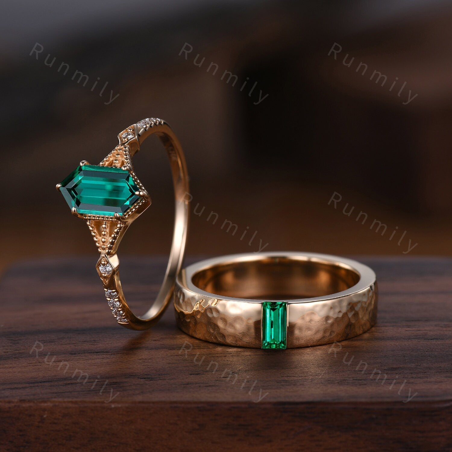 Green Emerald Couples Ring Set Yellow Gold Ring Baguette Hammered Mens Ring Emerald Matching Wedding Ring For Men For Women Anniversary Gift