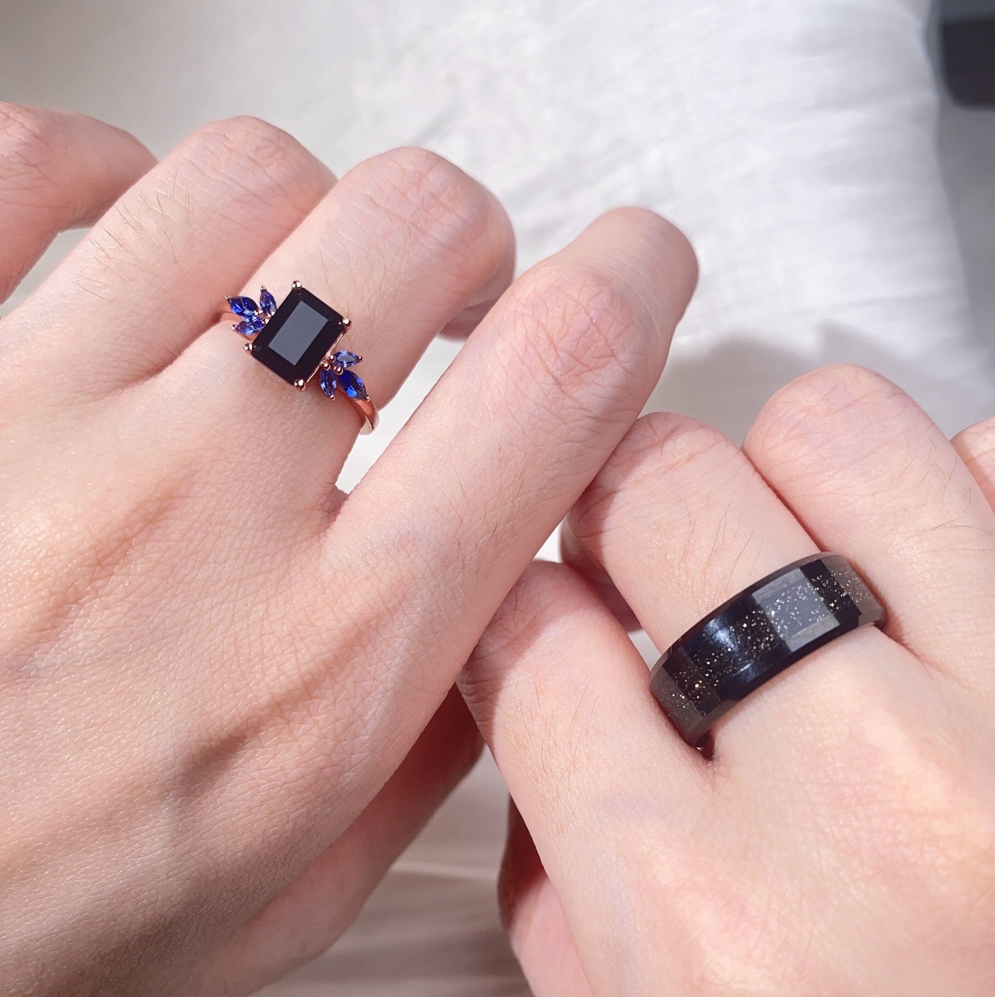 Emerald cut Black Onyx Ring Set, His and Hers Wedding Band, Black Sandstone Mens Ring, Rose Gold and Tungsten Ring, Unique Couples Ring Set