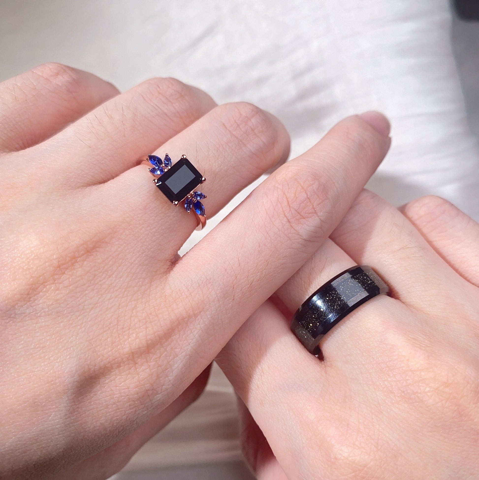Emerald cut Black Onyx Ring Set, His and Hers Wedding Band, Black Sandstone Mens Ring, Rose Gold and Tungsten Ring, Unique Couples Ring Set