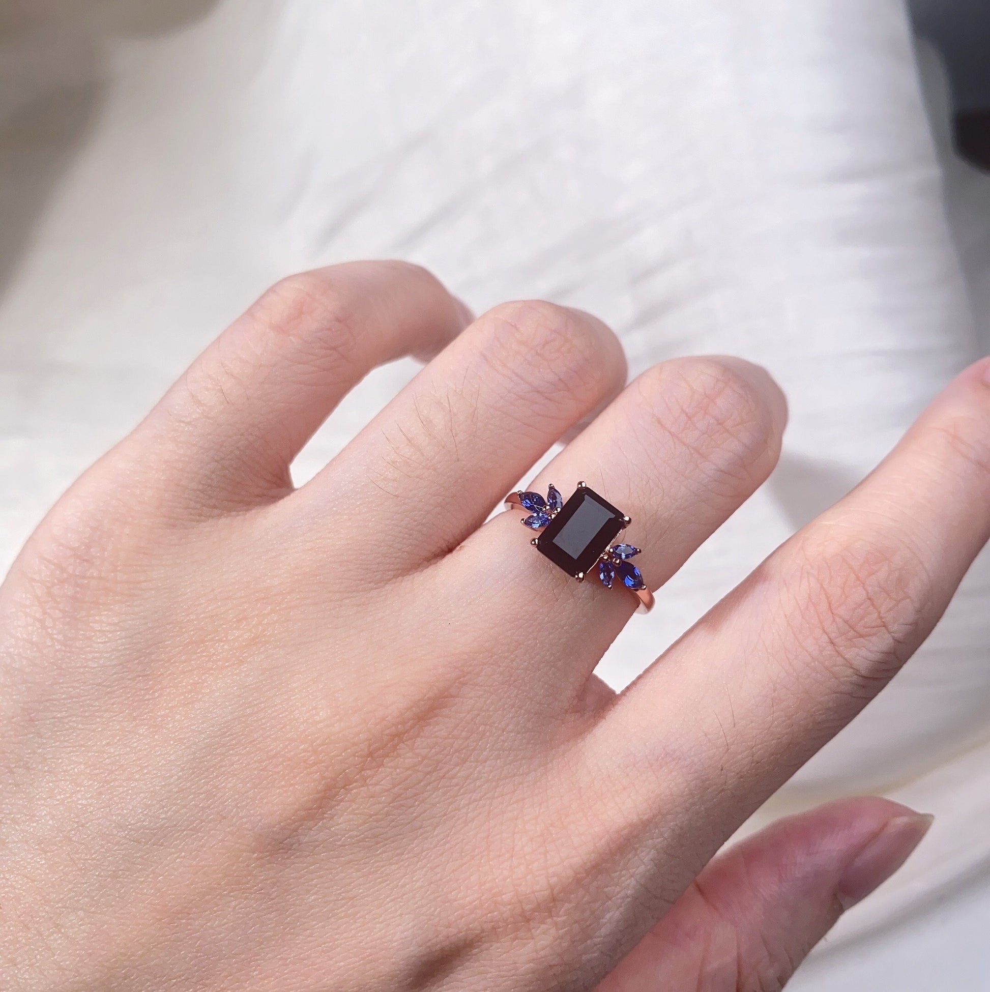Emerald cut Black Onyx Ring Set, His and Hers Wedding Band, Black Sandstone Mens Ring, Rose Gold and Tungsten Ring, Unique Couples Ring Set