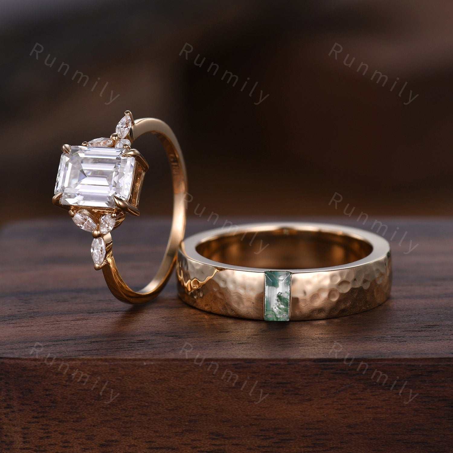 14K Yellow Gold Vermeil Couples Ring Set Unique Moissanite and Moss Agate Ring Set Mens Hammered Wedding Band Promise Matching Ring