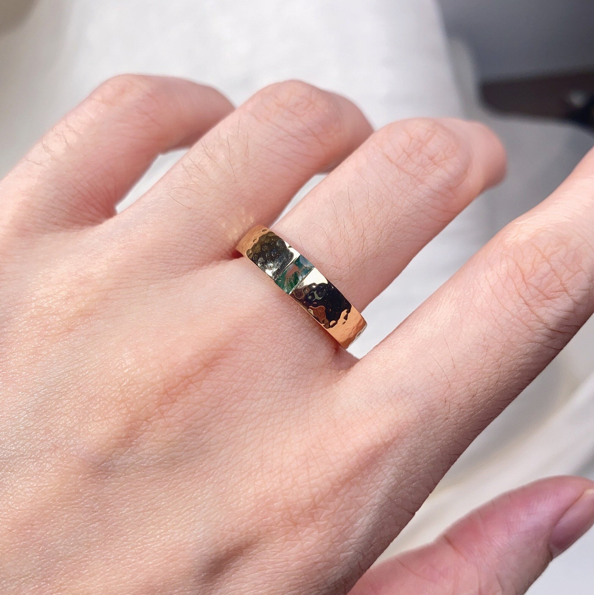 14K Yellow Gold Vermeil Couples Ring Set Unique Moissanite and Moss Agate Ring Set Mens Hammered Wedding Band Promise Matching Ring