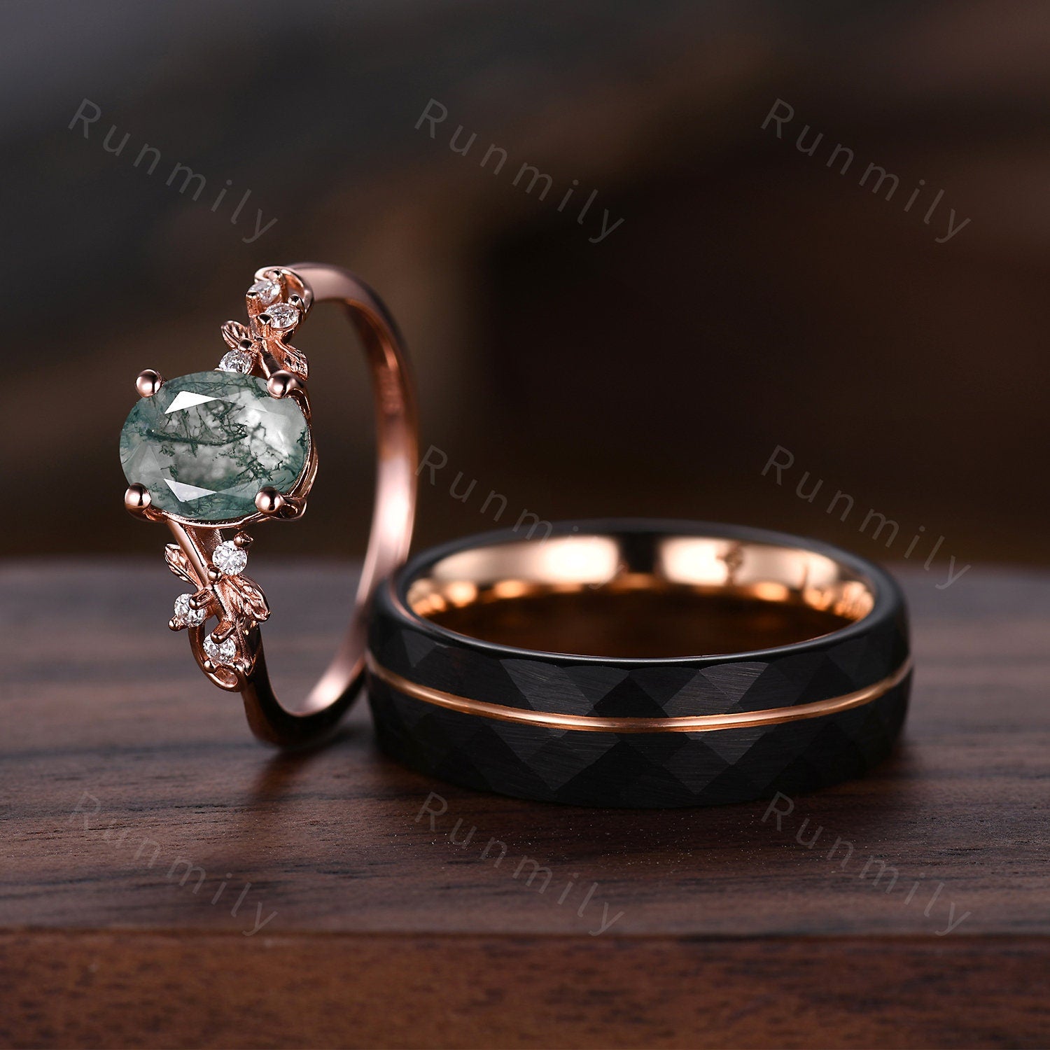 Vintage Green Moss Agate Ring Set For Couples His And Her Wedding Band Rose Gold Matching Promise Ring Anniversary Rings Natural Agate Gem