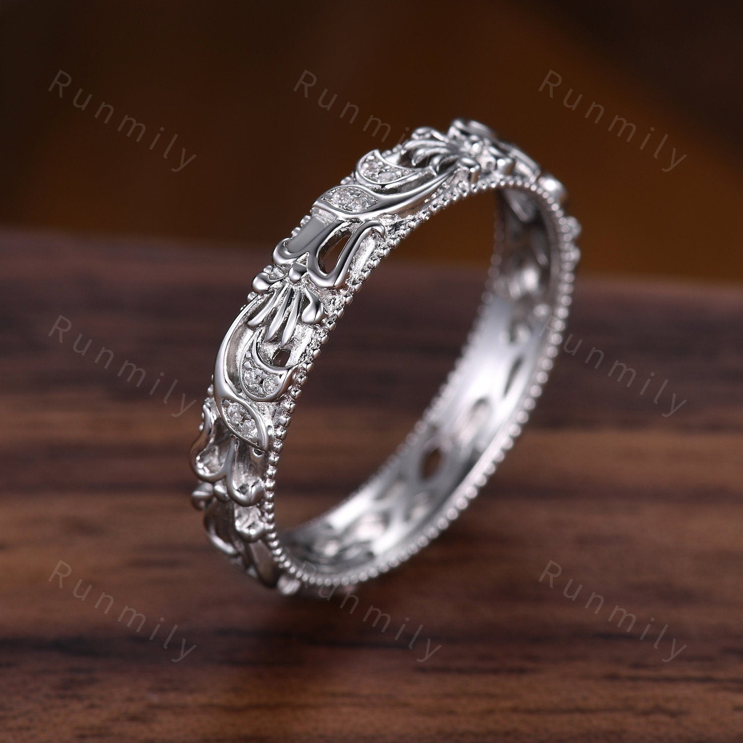 Antique filigree moissanite wedding band silver unique art deco wedding ring for women swirl patterned band elegant anniversary ring gift