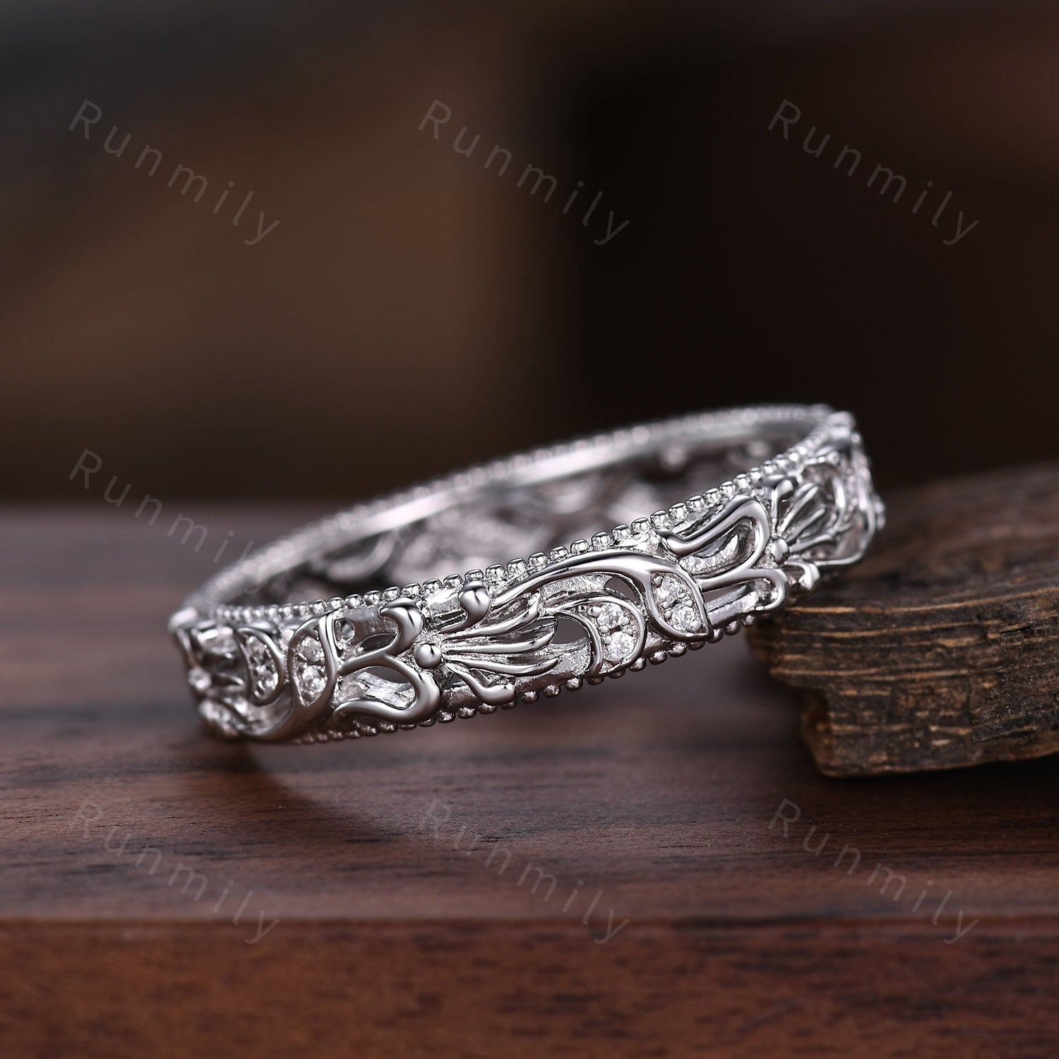Antique filigree moissanite wedding band silver unique art deco wedding ring for women swirl patterned band elegant anniversary ring gift