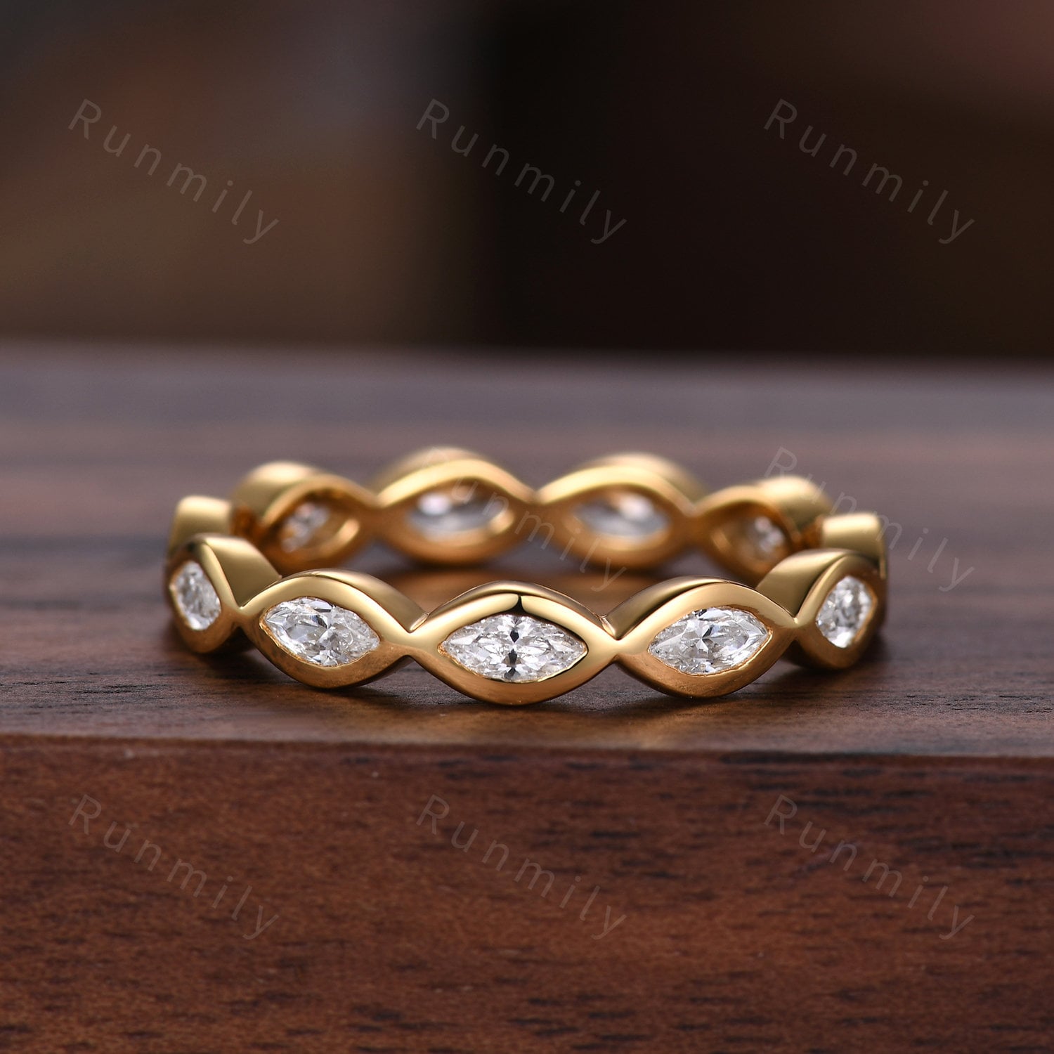 Delicate marquise cut moissanite wedding band yellow gold eternity band vintage bezel set band unique stacking band anniversary ring