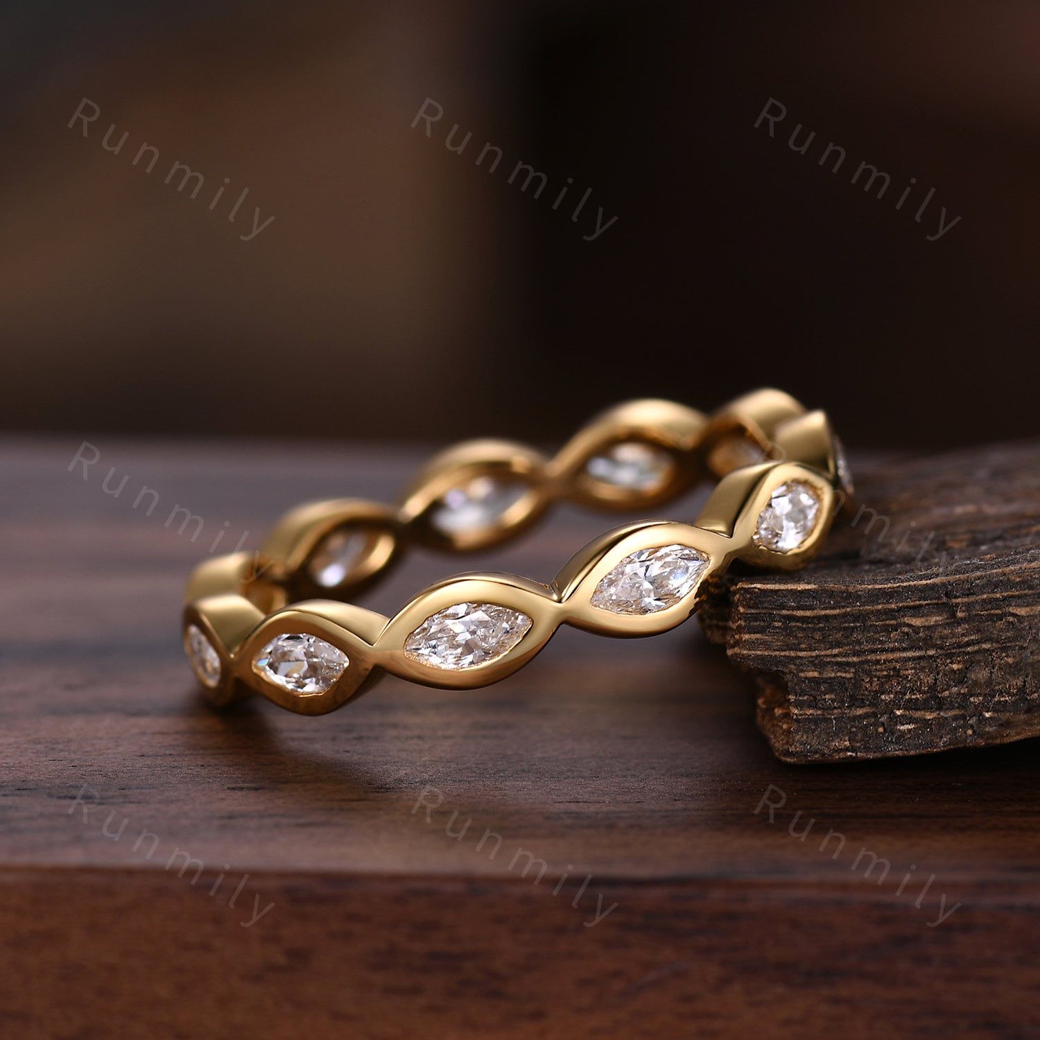 Delicate marquise cut moissanite wedding band yellow gold eternity band vintage bezel set band unique stacking band anniversary ring